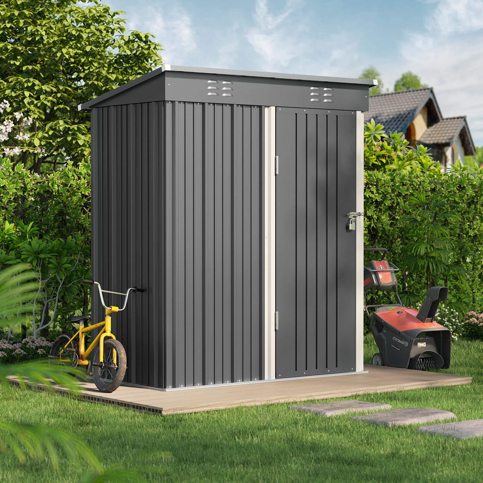 Bealife Metall-Geräteschuppen 180 x 162 x 95 cm, Geräteschuppen aus Stahl, Gartenschuppen, Lagerschuppen im Freien, Gartenhaus für Hinterhof, Terrasse, Rasen (Grau)
