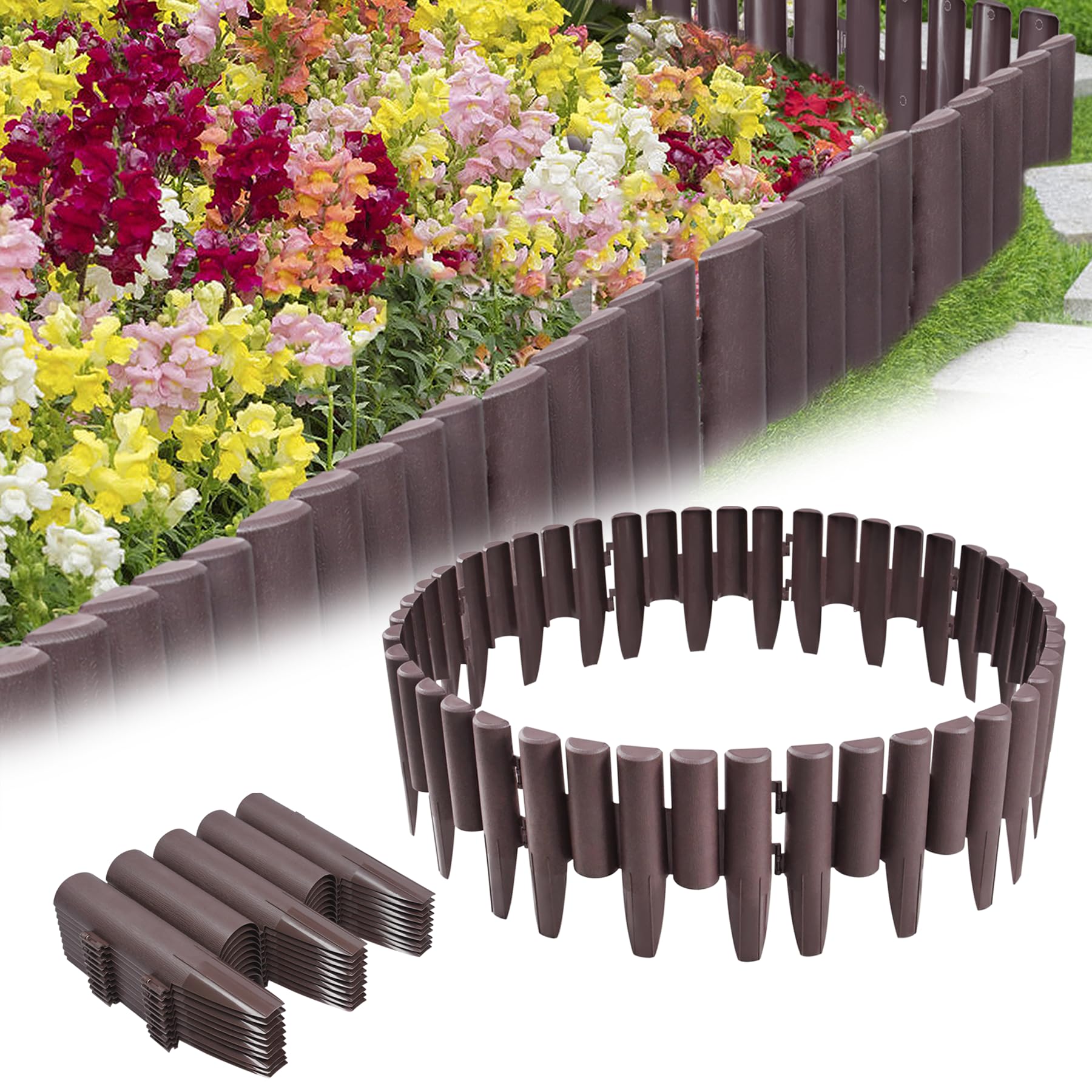 Fiqops Bordo Aiuole In Plastica Effetto Legno - 11,2 M, 40 Pezzi