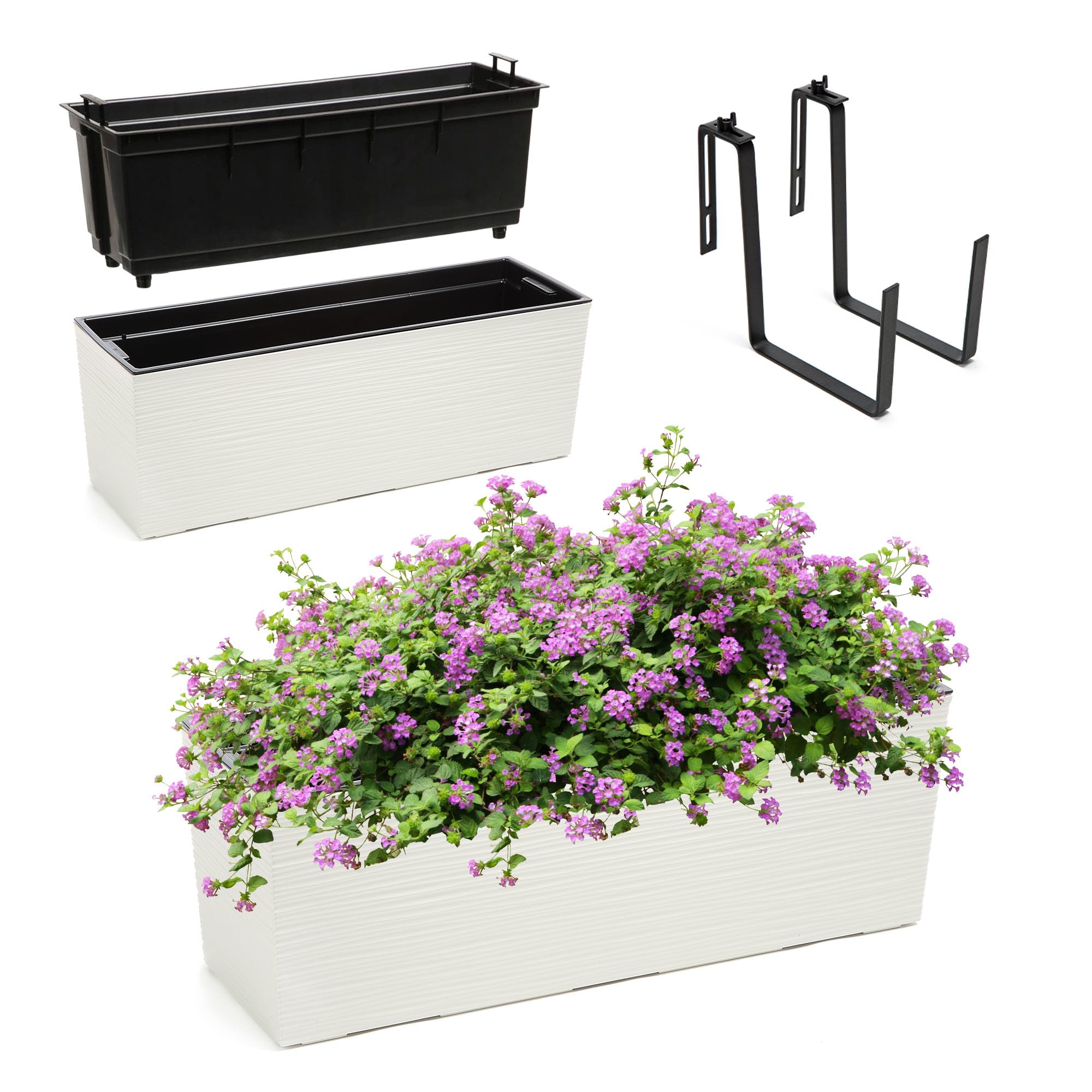 KADAX Fioriera con supporti 18,5 x 56 cm, motivo graffiato, crema, con inserto – Resistente alle intemperie