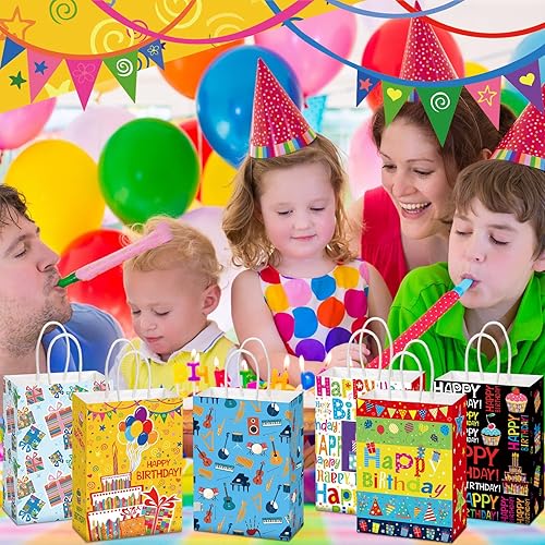 Miniatura 6 de Outus 24 bolsas de regalo de feliz cumpleaños, bolsas de regalo de fiesta de cumpleaños a granel con asas, bolsas de papel de cumpleaños, bolsas de