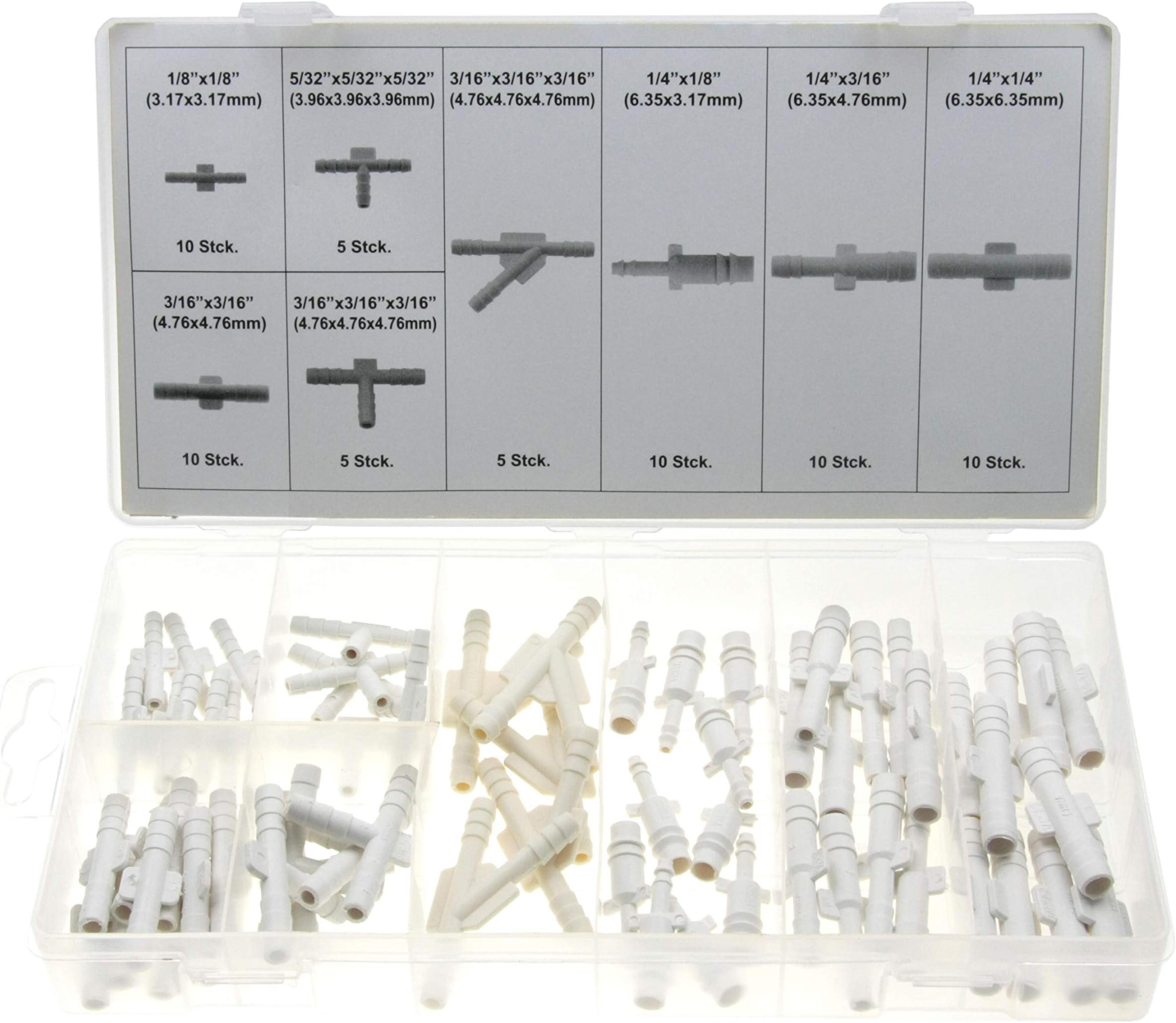 Hose Connector Assortment 1/8 Inch (3.17 mm) to 1/4 Inch (6.35 mm) / Mini Vacuum Connector Plastic Connector for Hose Air Hose Straight T-Shape and Y-Shape 65-Piece