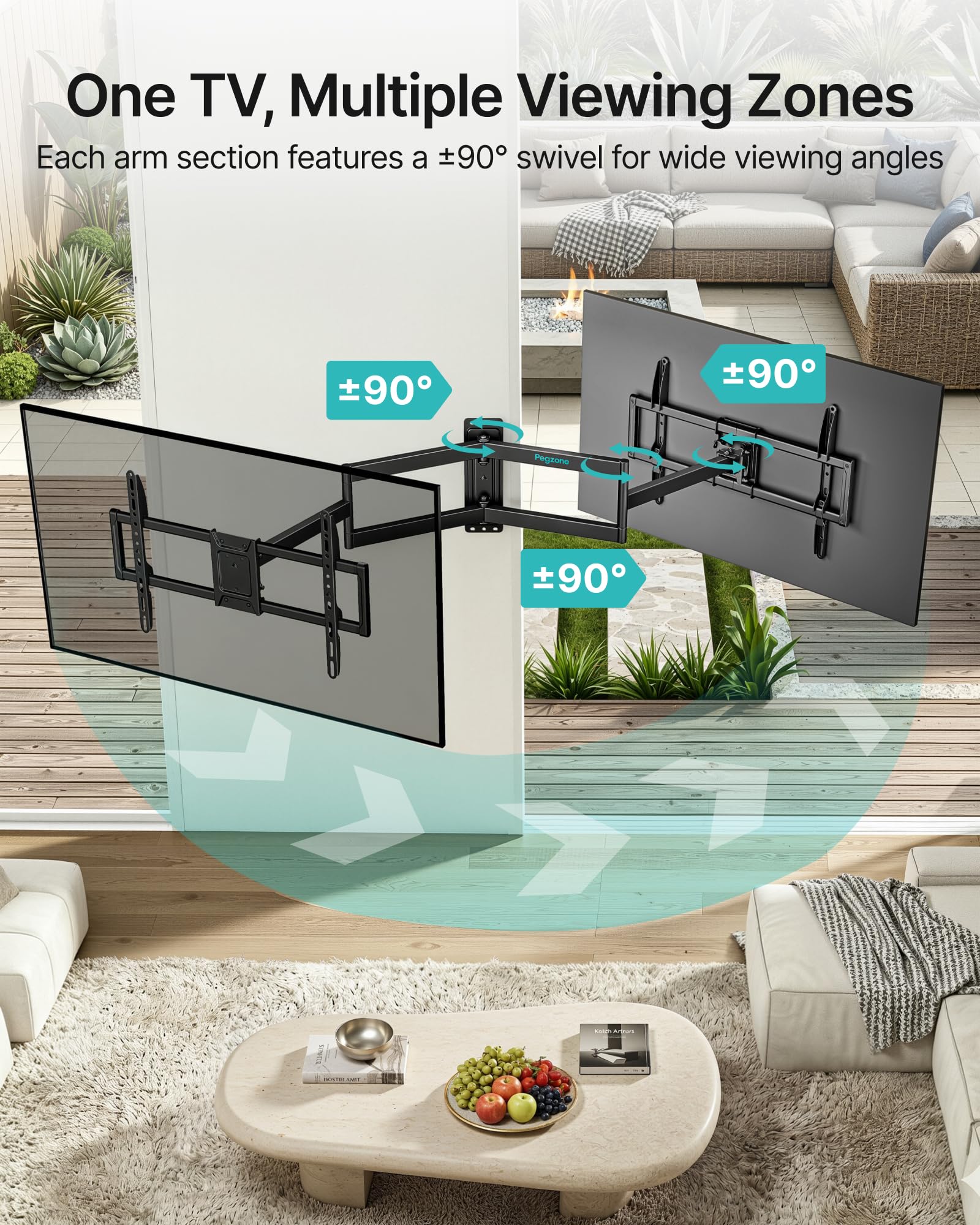 PEGZONE Soporte TV Pared Brazo Largo 86-812 mm 37-86", hasta 50 kg | Soporte para TV orientable e inclinable, VESA máx. 600x400, gestión de cables, compatible con TV LED, LCD y OLED