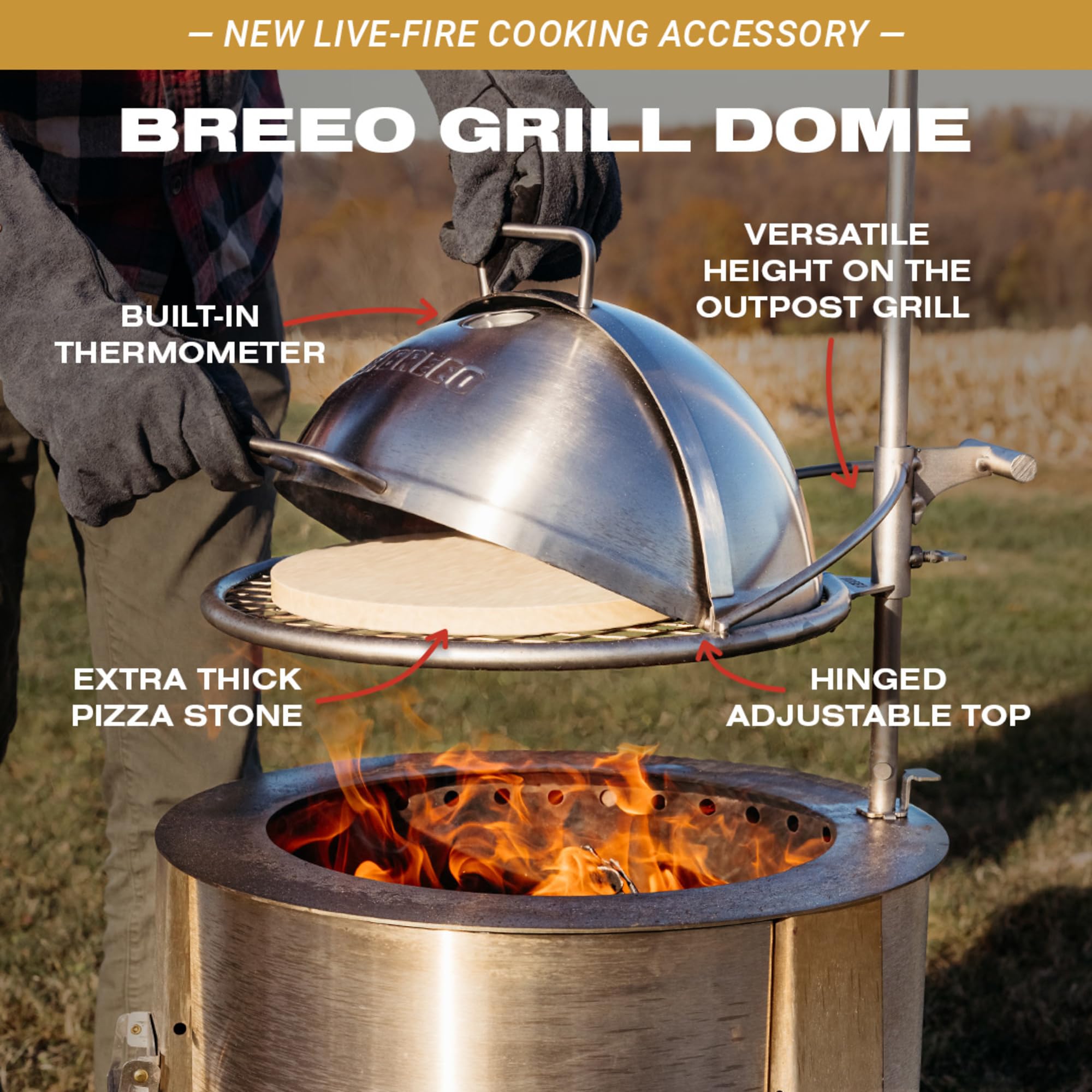 Breeo Grill Dome and Outpost Grill Bundle - Hinged Stainless Steel Dome w/Built-in Thermometer, Outdoor Set for Live-Fire Cooking - Fits X/24, X/30 Series - Grilling Gift for Dad - Gifts for Dad