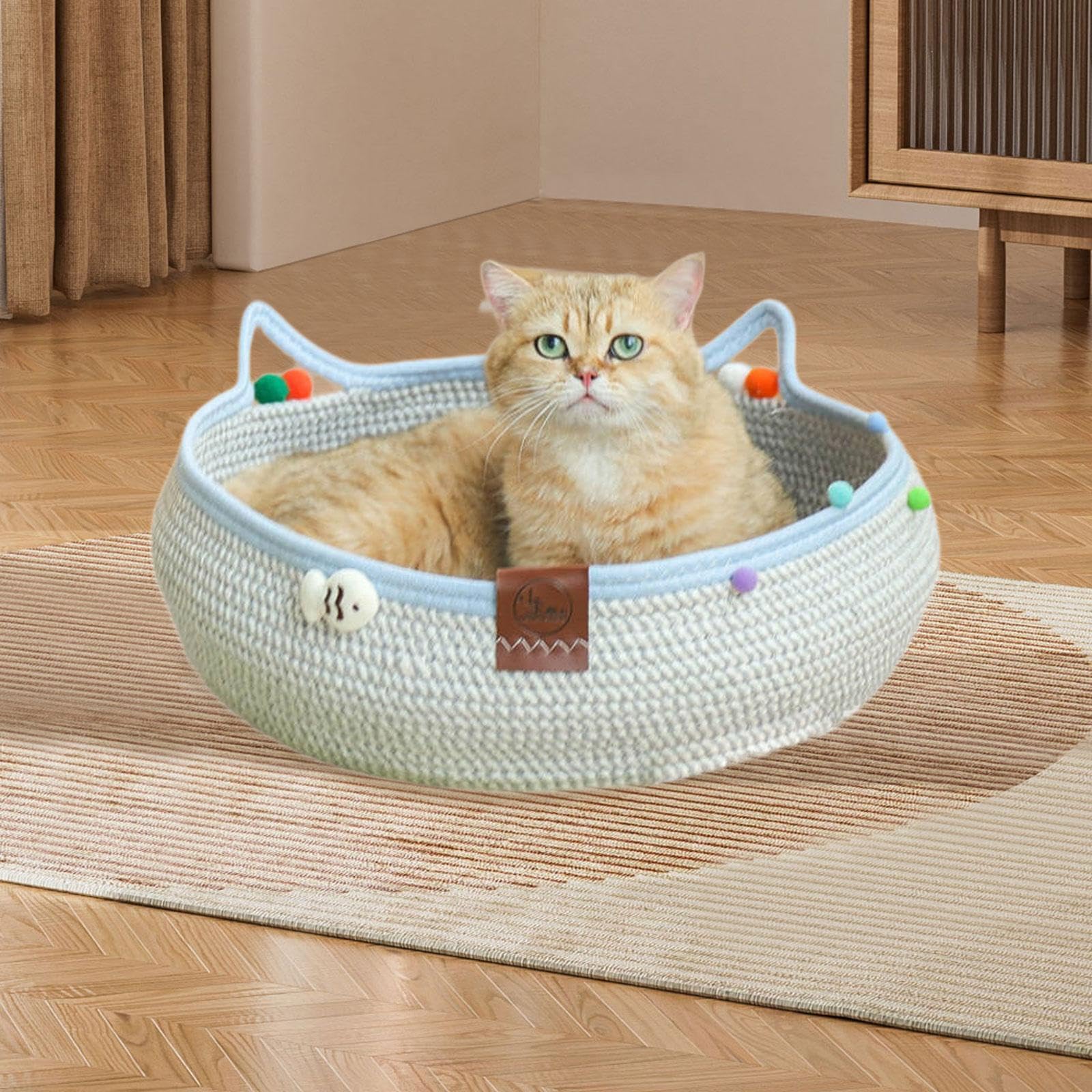 Gralara Panier en Osier pour Chat, Griffoir Intégré, Nid Douillet Respirant en Forme de Tête de Chat, avec Balle Suspendue, Protection pour Meubles, Accessoires pour Animaux, S