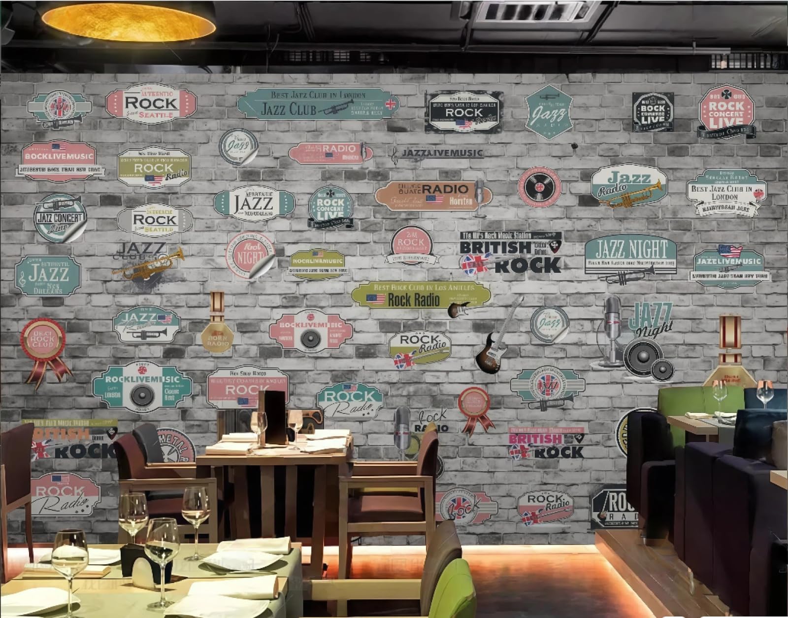 XDOUBAO Wallpaper Retro Nostalgic Music Bar Brick Wall Theme Nightclub Afternoon Tea Coffee Shop Background Mural Western Restaurant Wallpaper,3D,400x280cm