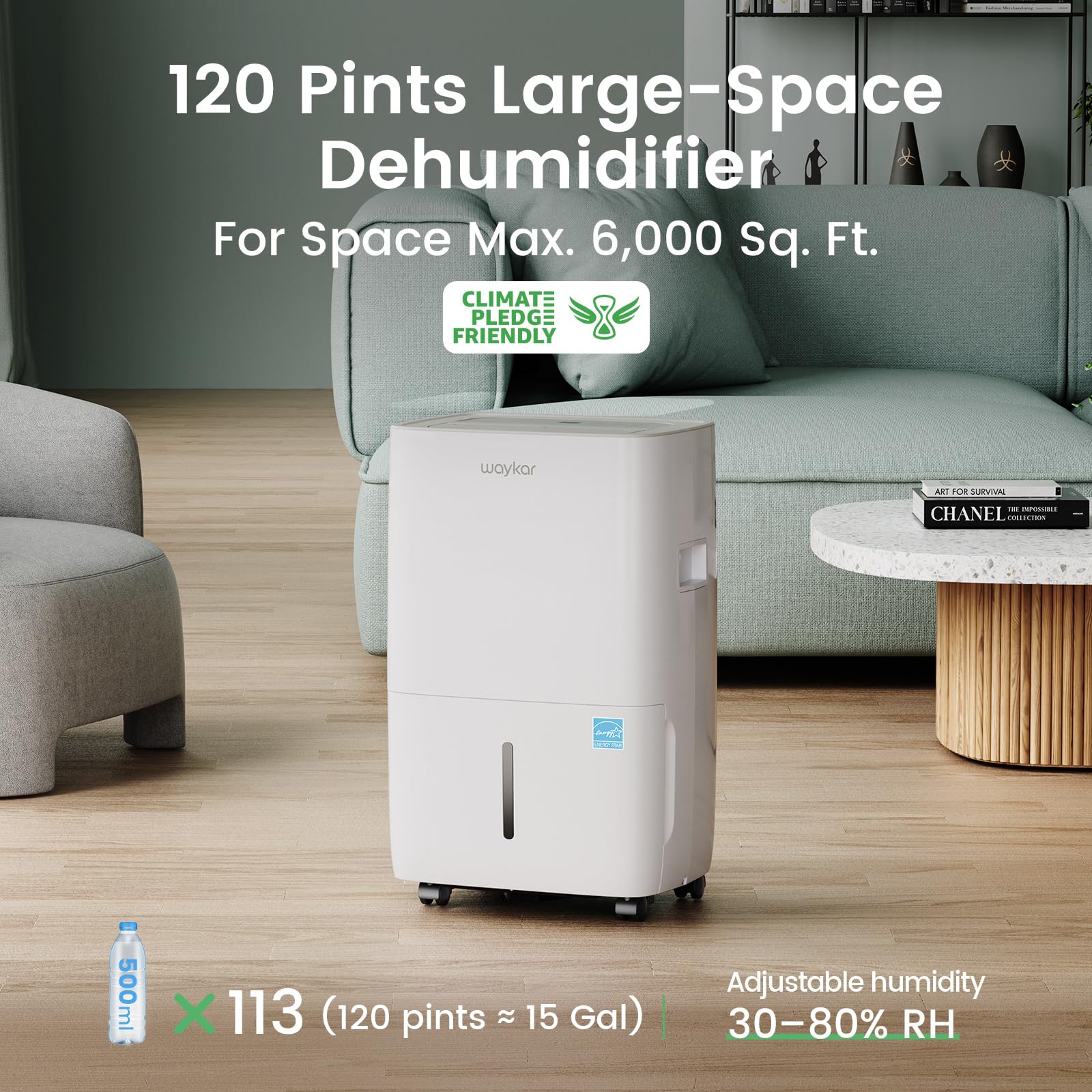 Waykar 120 Pints Energy Star Dehumidifier for Spaces up to 6,000 Sq. Ft at Home, in Basements and Large Rooms with Drain Hose and 1.14 Gallons Water Tank - 2