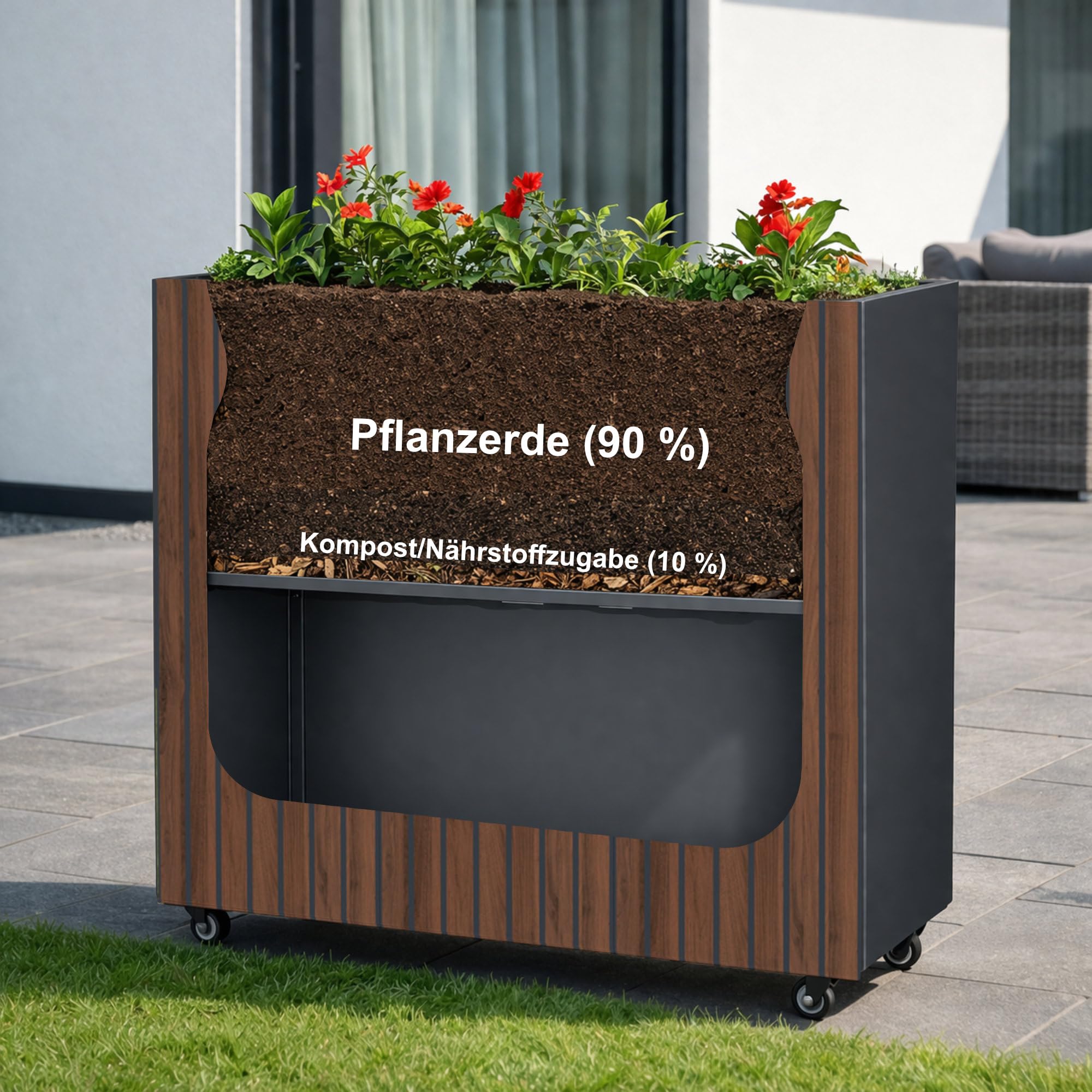 Zelsius Jardinière surélevée en acier galvanisé avec roues 120 x 30 x 80 cm | Anthracite RAL 7016 Aspect bois de noyer | Bac à fleurs, jardinière, plate-bande, potager, bac à herbes, pot de fleurs