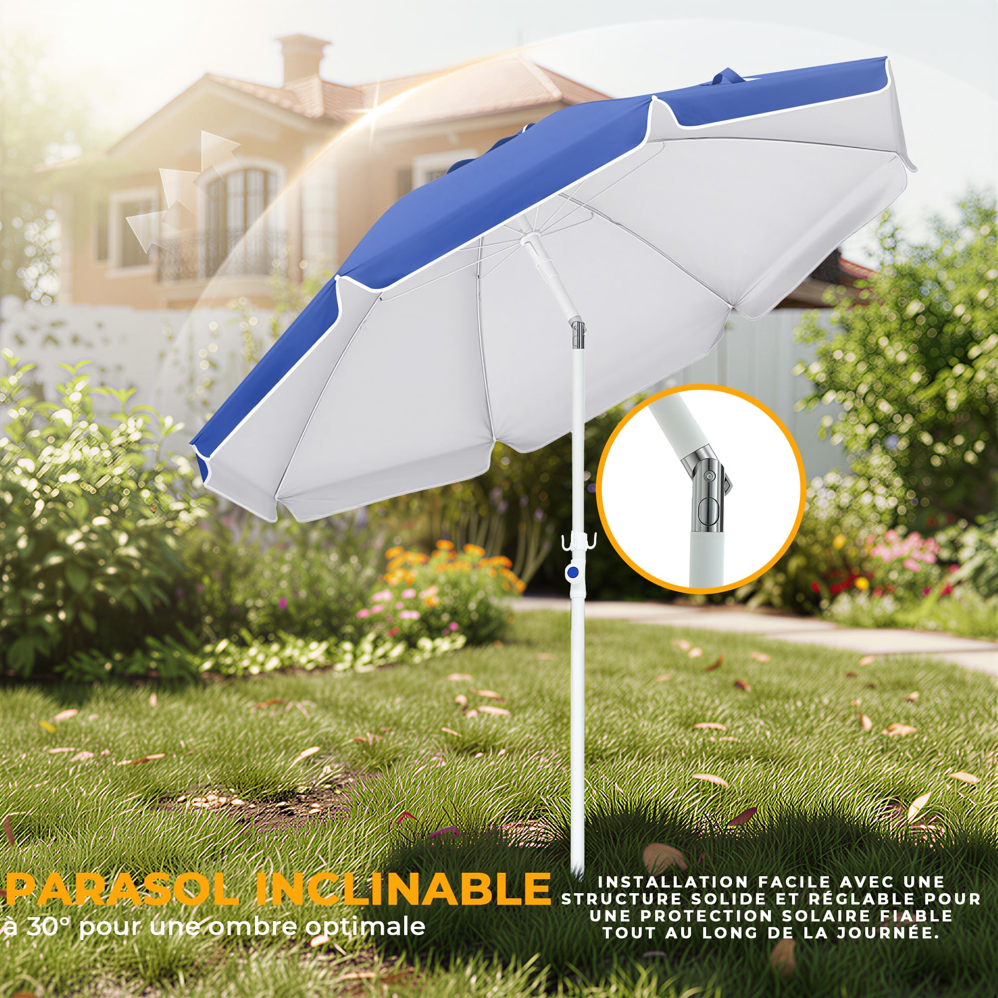 Palawano 1.6M Parasol Plage Inclinable Anti UV et Vent, Parasol de Jardin Exterieur UPF 50+, Ombre Solaire Extérieure Portable pour Jardin, Plage, Piscine, Patio (Bleu Clair)