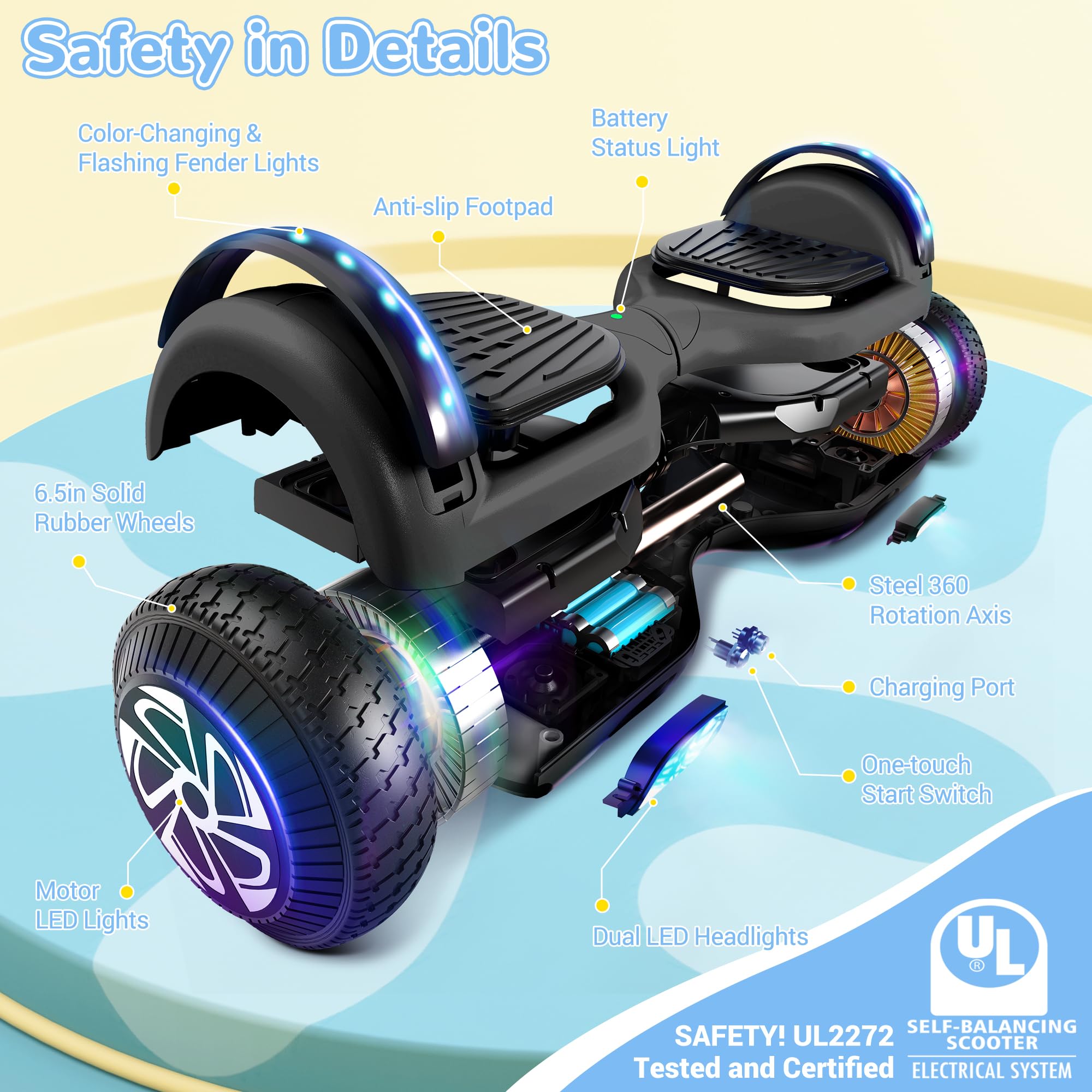 Hoverboard z mocowaniem fotela 6,5" samobalansująca deska hover z głośnikiem Bluetooth i diodami LED dla dzieci, dziewczynek, chłopców (w tym gokart)