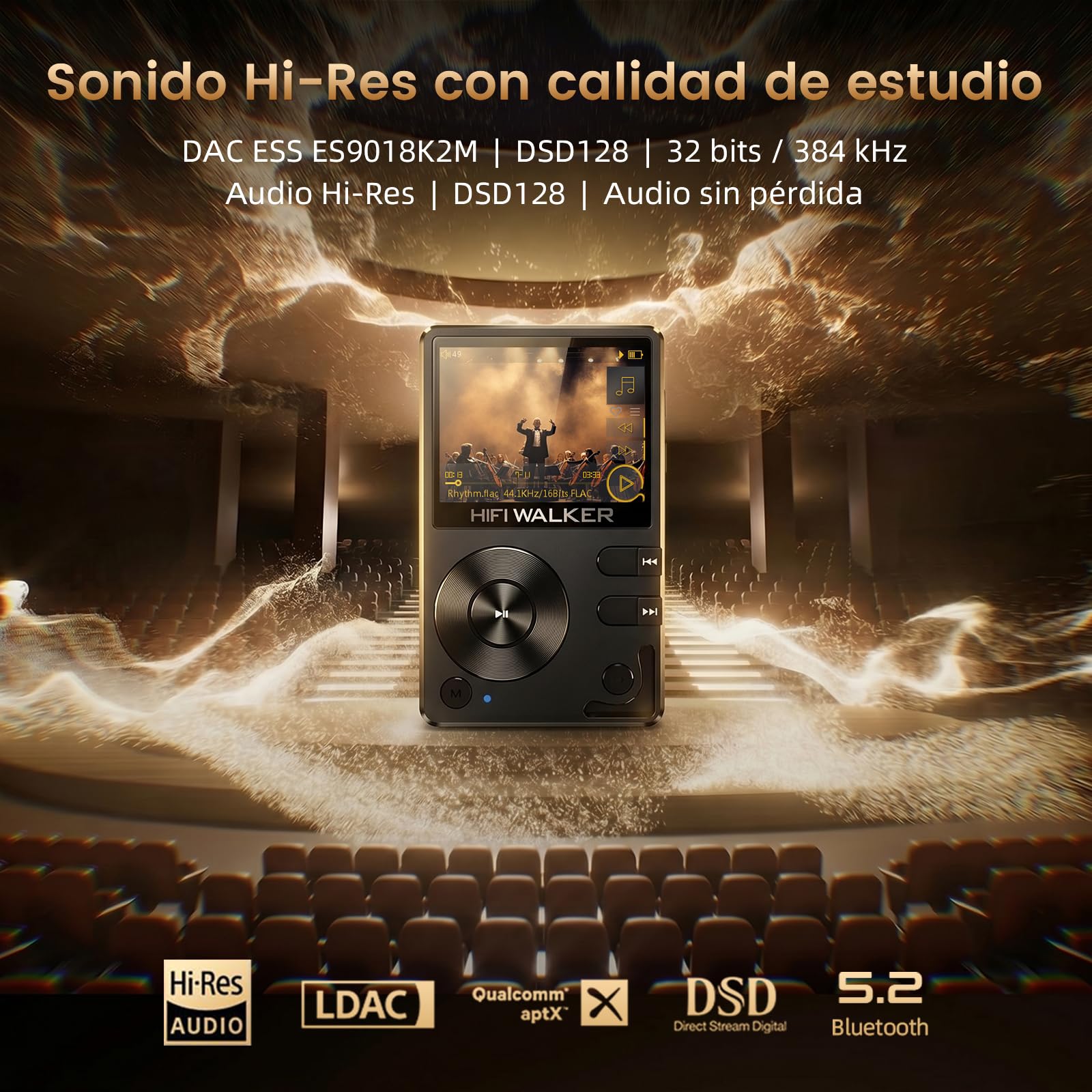 HiFi Walker H2 HiFi Reproductor MP3 con Bluetooth, Reproductor DSD FLAC sin pérdidas, Reproductor de música Digital, Reproductor de Audio portátil de Alta resolución con Tarjeta Micro SD de 32 GB,