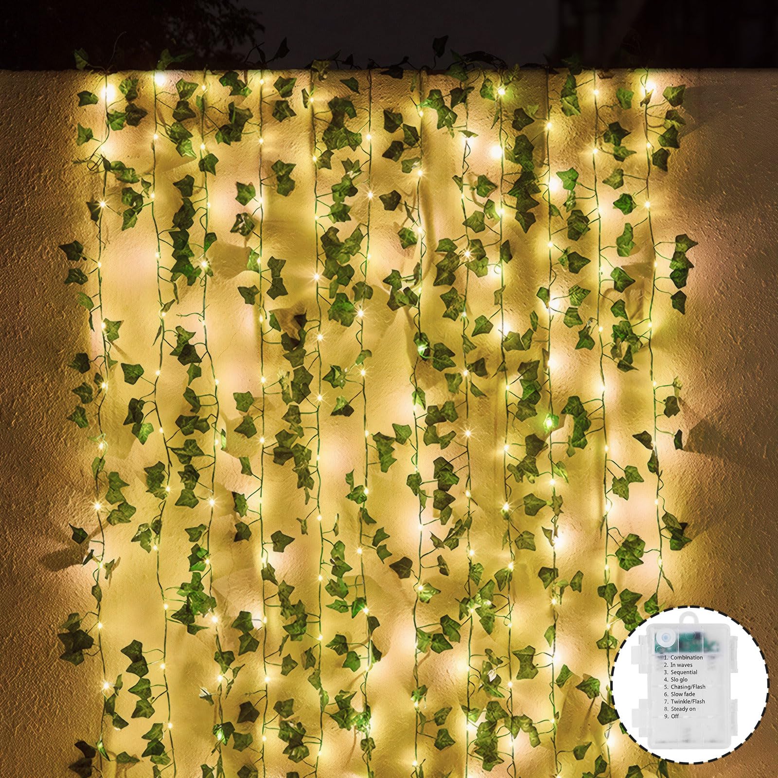 Guirnalda de Hiedra Artificial 10M con 100 LED Luces a Batería Guirnalda Luces Interior 8 Modos Cadena de Luces Exterior Luces Decorativas Habitación, Jardín, Patio, Balcón, Boda, Fiesta Decoración