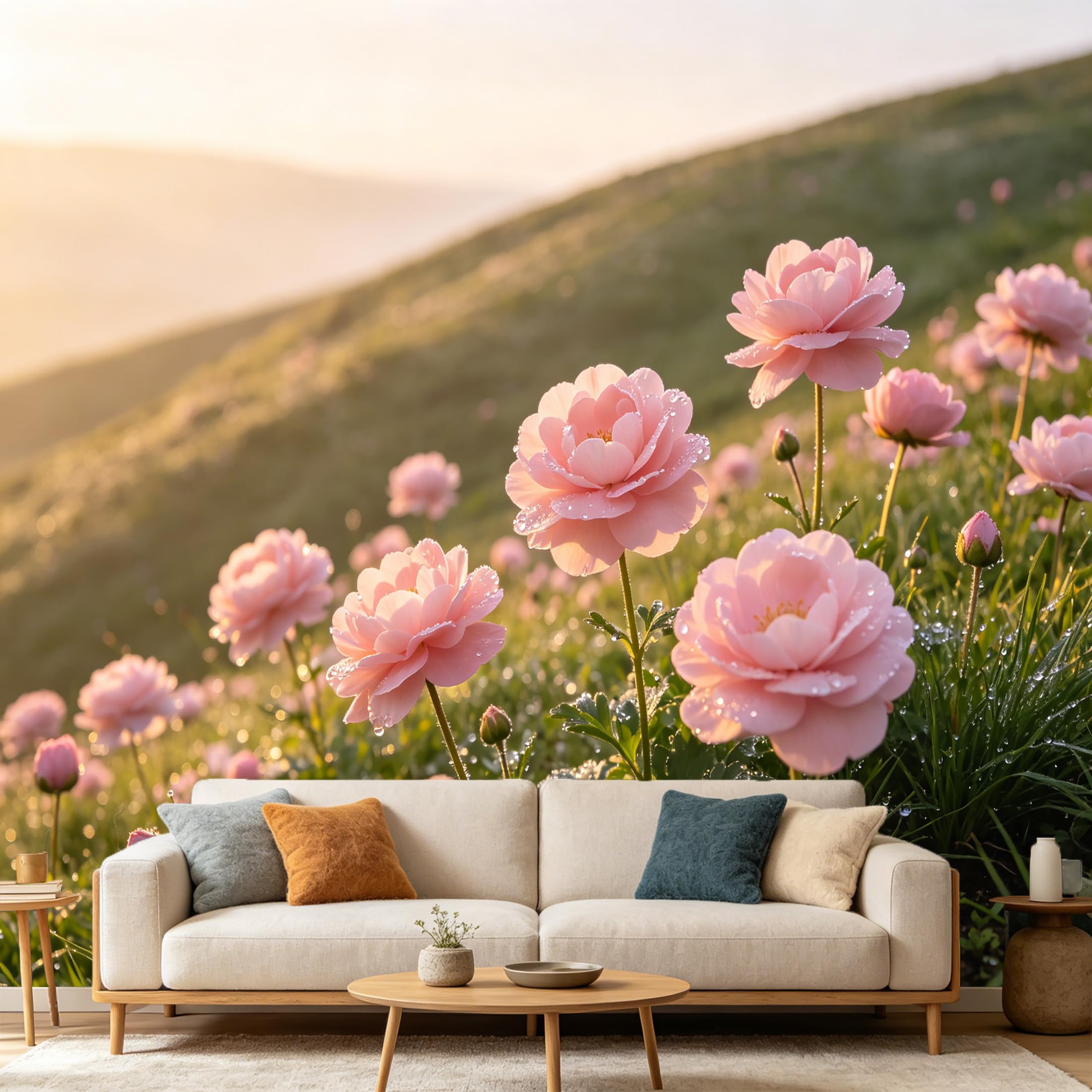 Custom Size Wall Mural Botanical Pink Flower Field Sunrise Morning Dew SelfAdhesive Art Prints wall Fabric (No PVC) Removable Wallpaper Home Bedroom Decor