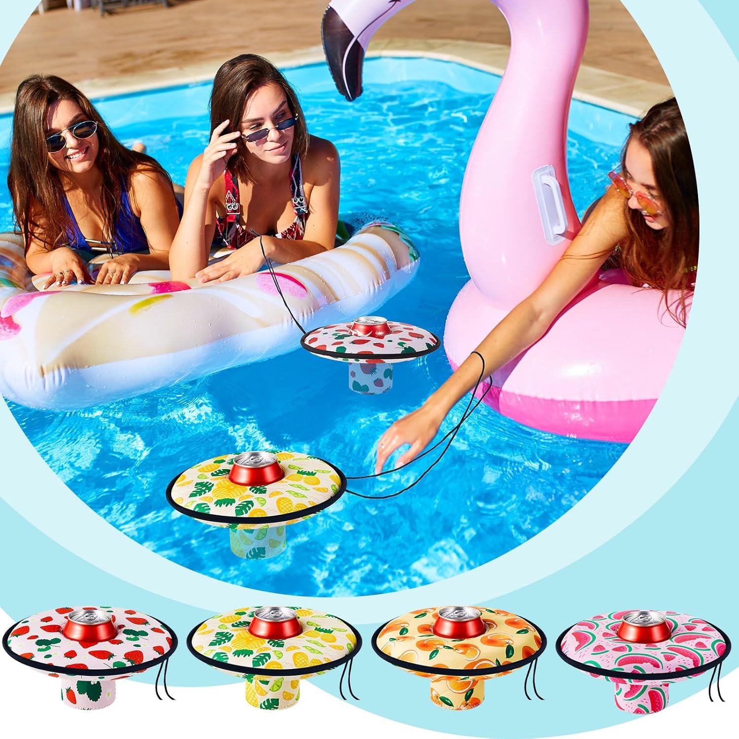Rtteri 4 Pcs Neoprene Floating Drink Holder Pool Drink Floating Coaster Pool Beer Holder with Rope for Summer Party Tub Lake Boat, Medium(Fruit Style)