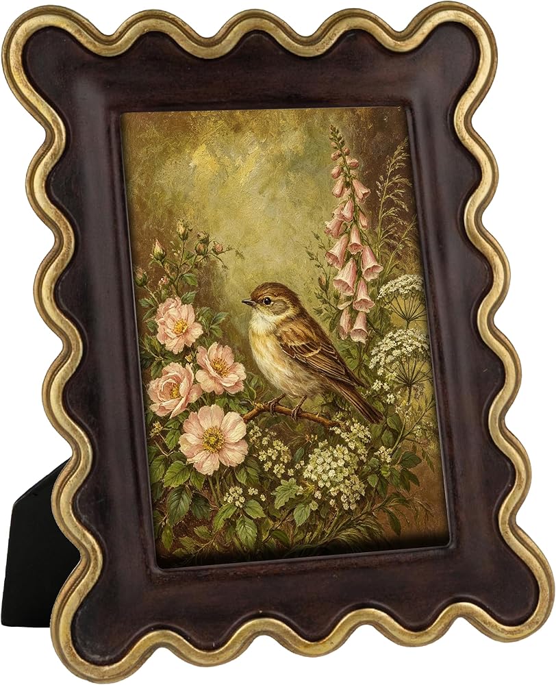 4x6 Inch Vintage Scalloped Picture Frame, Mid Century Modern Antique Photo Frames with Glass Front, Photo Display, Tabletop Wall Hanging, Gift Ideas, Dark Walnut