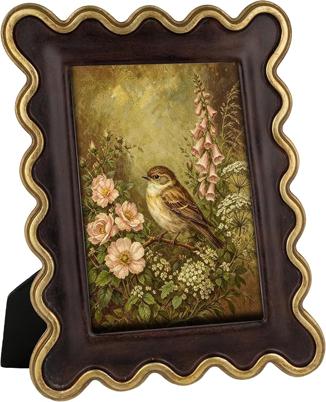 4x6 Inch Vintage Scalloped Picture Frame, Mid Century Modern Antique Photo Frames with Glass Front, Photo Display, Tabletop Wall Hanging, Gift Ideas, Dark Walnut