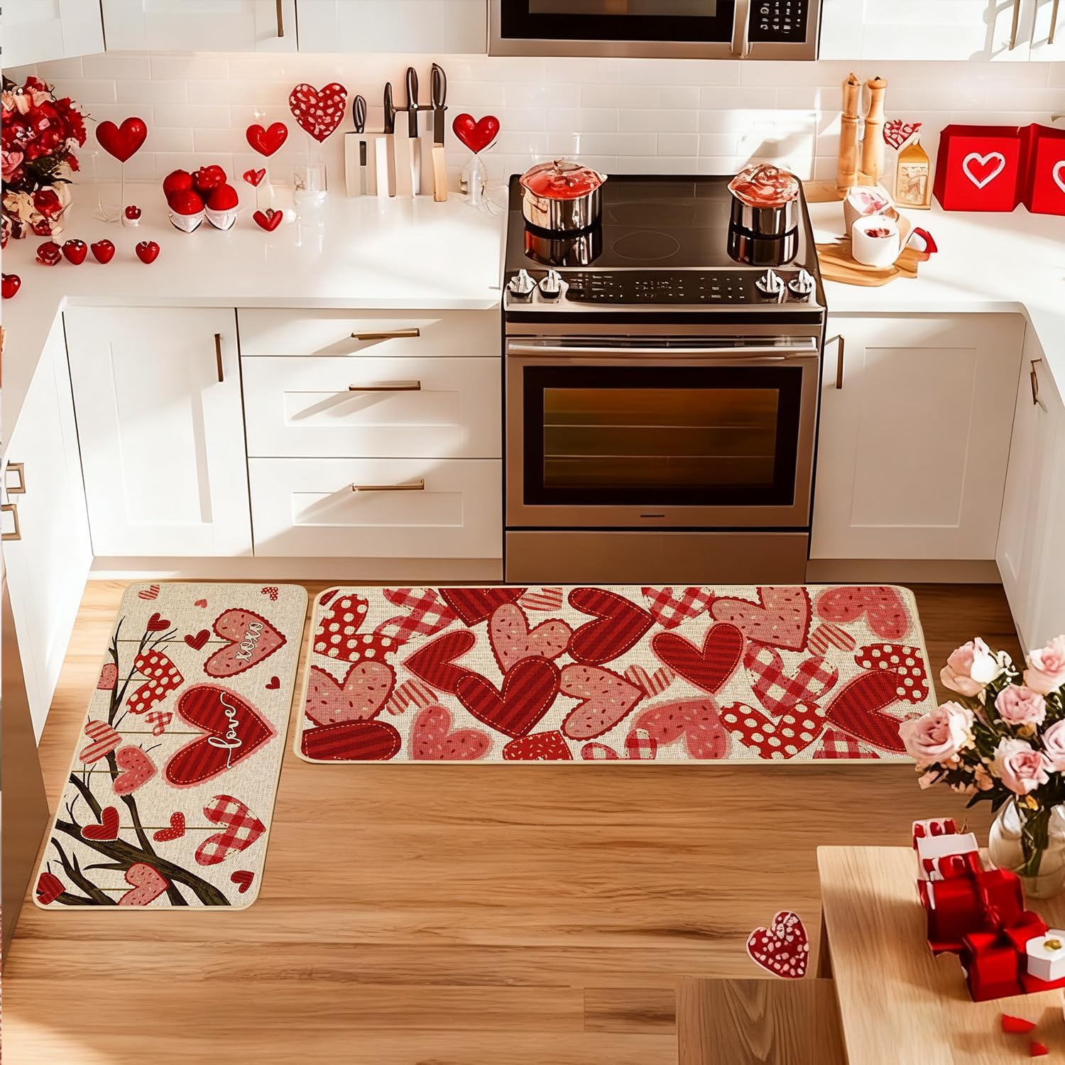 Baccessor Valentines Day Kitchen Mats Set of 2, Love Heart Kitchen Rugs for Floor Low-Profile Anniversary Wedding Home Decor 17x29 and 17x47 Inch