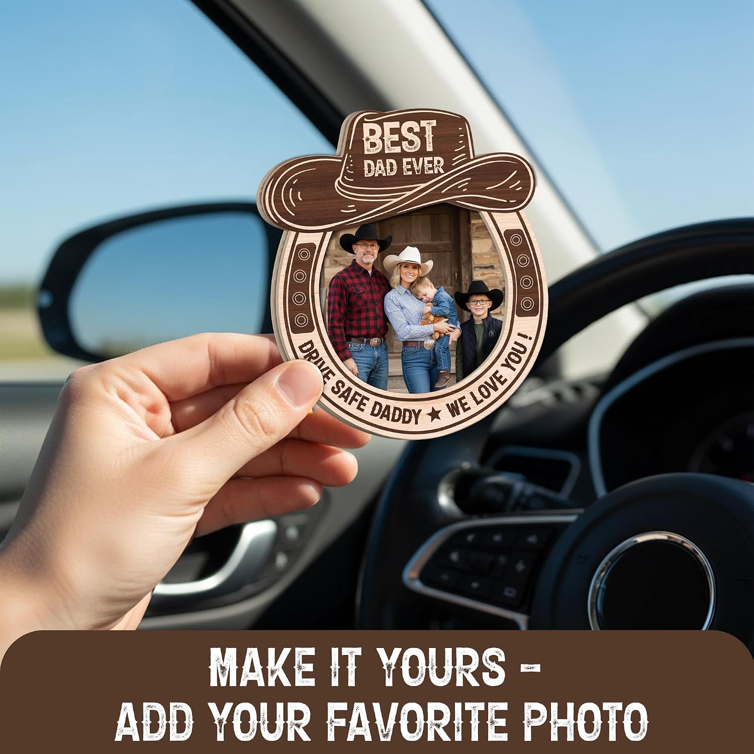 Cowboy Drive Safe Daddy Visor Clip Photo Frame for Horse Lover Dad, Husband-Drive Safe We Love You Picture Holder Auto Accessories-Fathers Day Visor Clip-Dad Car Accessories Keepsake image 5