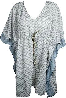 Mogul Interior Women White Caftan Dress Printed Kimono Boho Short Kaftan Dresses One Size