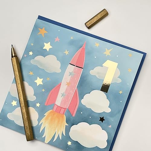Miniatura 3 de Old English Co. Tarjeta de cumpleaños de 5 cumpleaños para niño o niña, cinco años, tarjeta de cumpleaños de cohete para hijo, hija, sobrina,