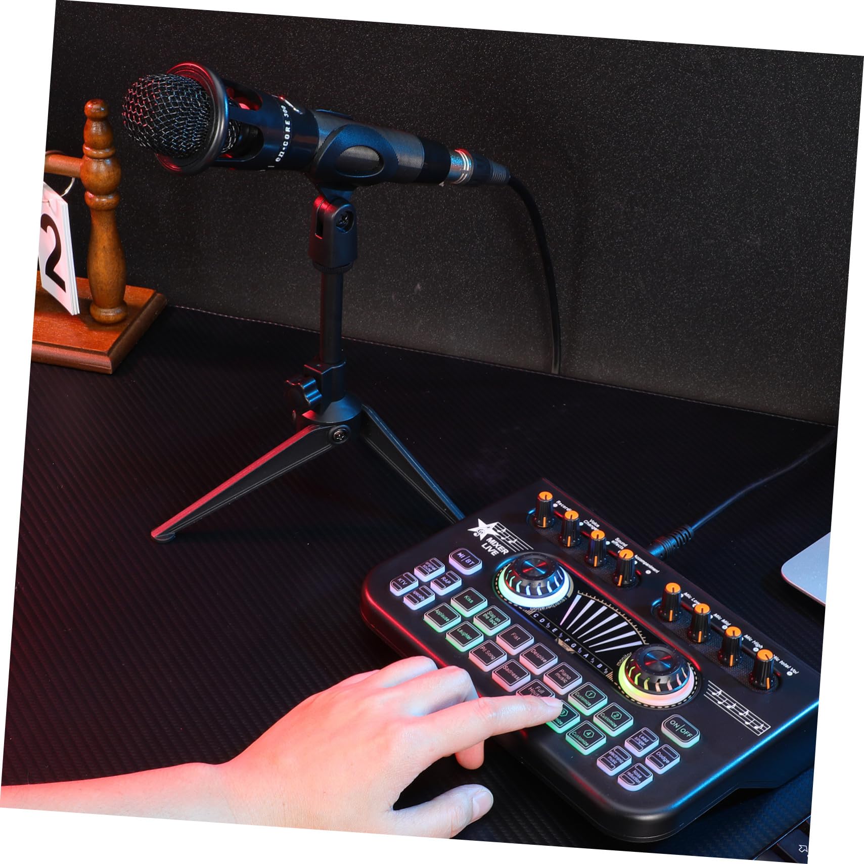 E300 Audiomixer mit Dual Mikrofon Design für Podcasts und Djs | Schwarz, 1 Satz, Metall und Kunststoff, für Live Auftritte und Professionelle Nutzung