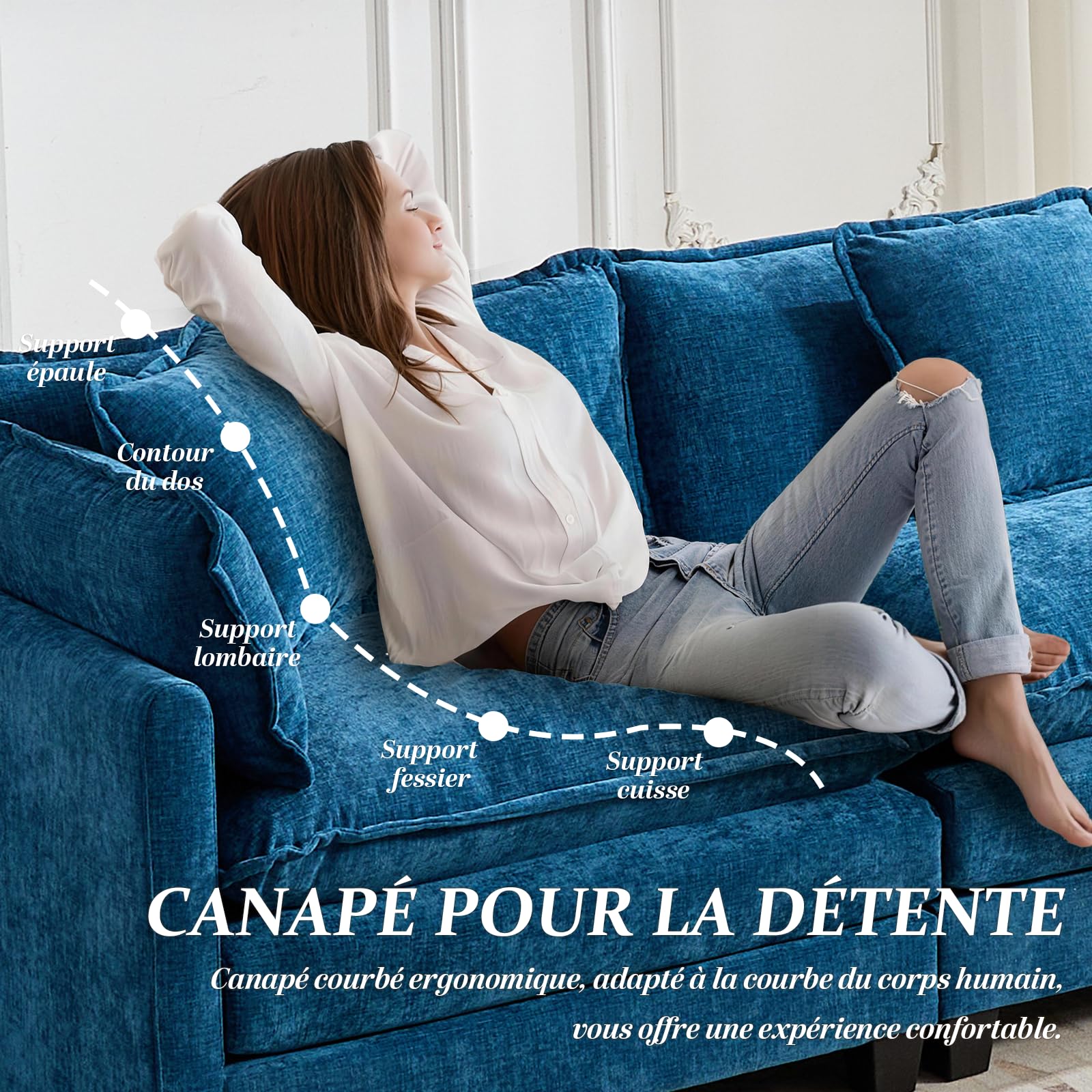 SoarFlash Canapé modulable 2 Places 198 cm, Chenille Bleue, Double Coussins | Tissu doux, résistant et respirant, fourni avec coussins et accoudoirs. Idéal pour salon, chambre et appartement.