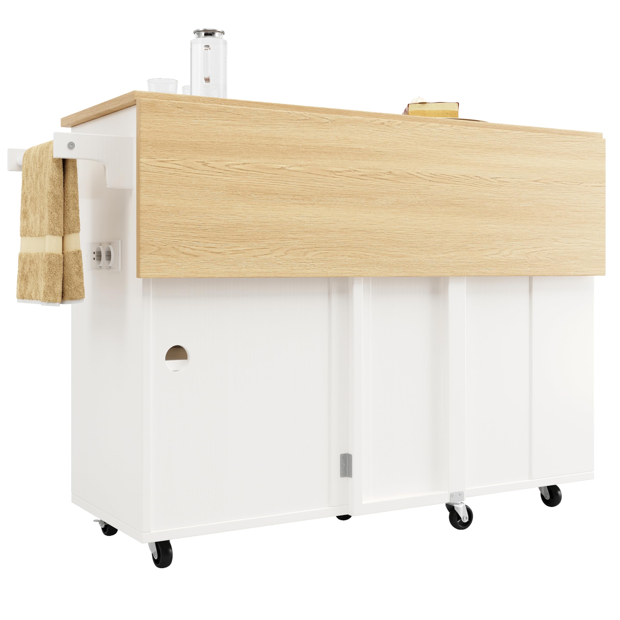 LAKFEW Isla Cocina con Ruedas y Enchufes, Aparador Cocina con Tablero Plegable y Botellero, Mueble Auxiliar de Cocina Isla de Cocina con 2 Cajones y Toallero, 131.5x43(76) x90.7 cm, Blanco+Natural