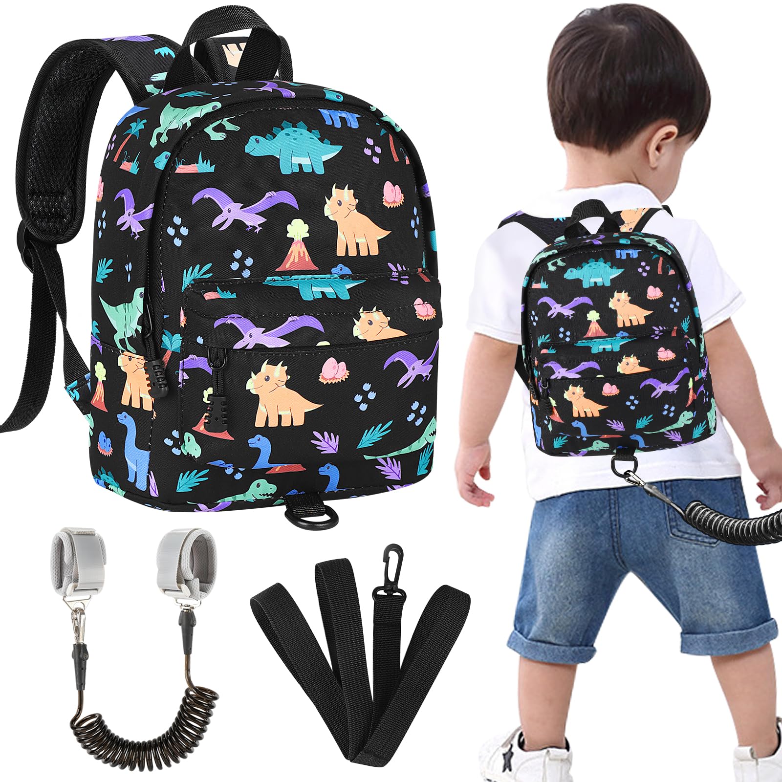 Accmor Toddler Backpack with Leash, Cute Dinosaur Kids Backpack + Anti Lost Wrist Link, Mini Child Backpack Leash Baby Walking Harness for Outdoor
