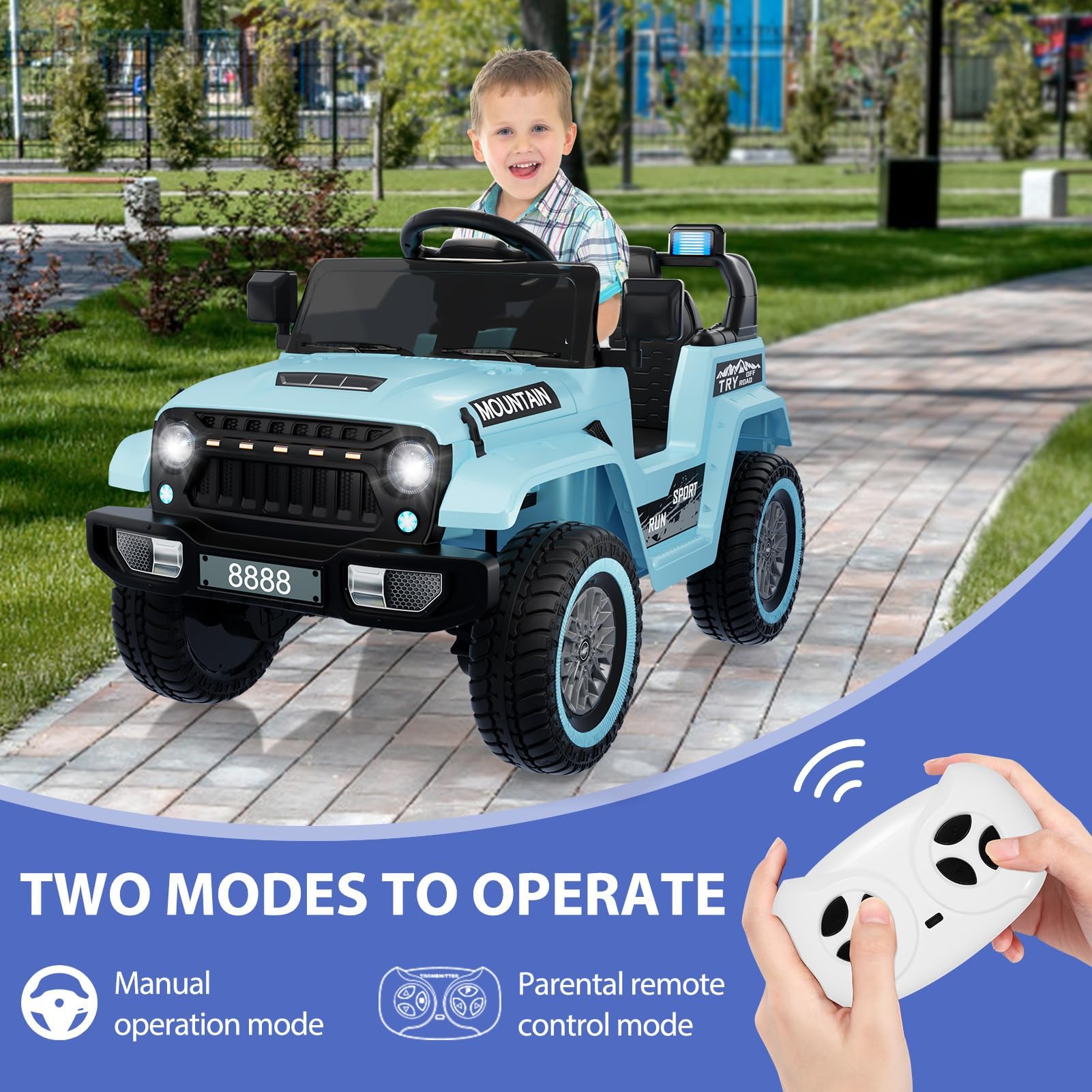 Garvee Elektroauto für Kinder, 12V Elektrofahrzeug mit 2.4G Fernbedienung, 2x35W Motor, 3–6,5 km/h, Kinderauto mit Musik, Bluetooth, LED & Hupe, Spielzeugauto für Kinder ab 3 Jahren, Blau