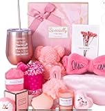 Pink Gift Set for Women with Tumbler, towel,sleep eye mask, cute bow headband,scented candle, rose gold mirror, Bath Accessories and Decorative Box