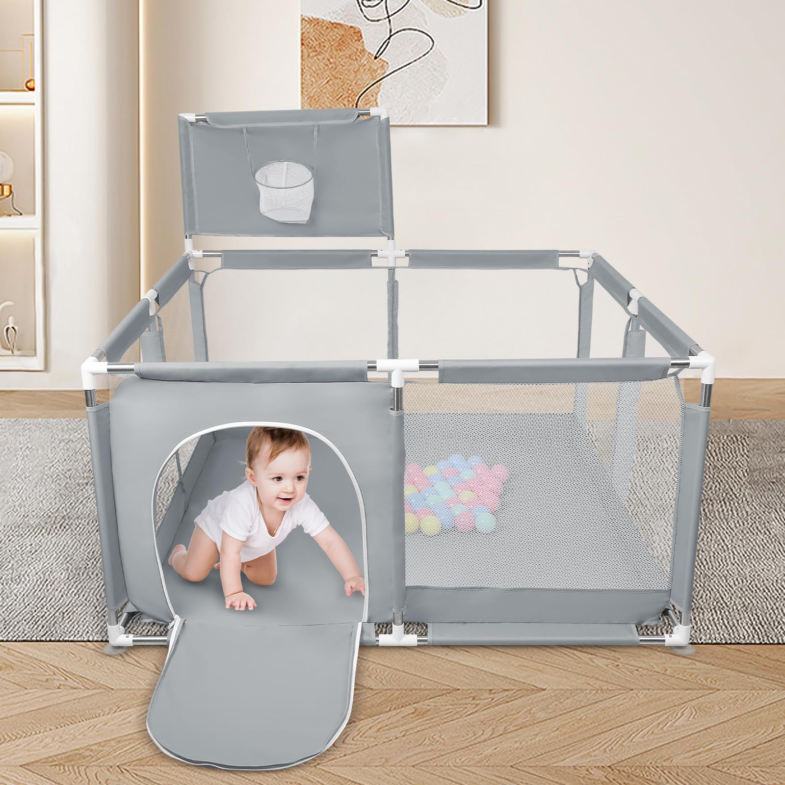 Box per Bambini, Recinto per Bambini Pieghevole in Tessuto Oxford con Rete Traspirante, Box per Neonati con Giochi che Include 50 Palline (126 x 126 x 66 cm, grigio scuro)