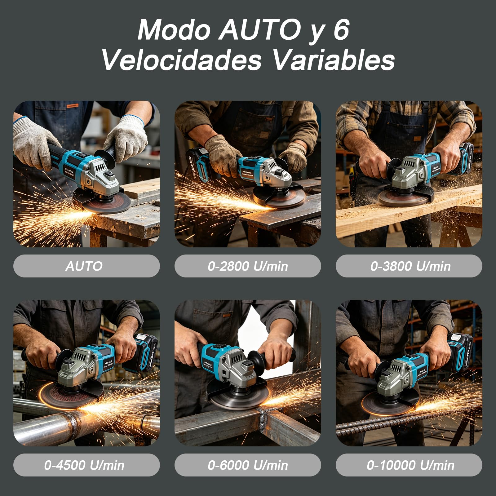 YEARTOP Amoladora angular con batería, 125 mm, 21 V, sin escobillas, con 2 baterías de 4,0 Ah, modo automático y 6 velocidades variables (máx. 10000 rpm), pantalla LED, husillo M14, desconectar y
