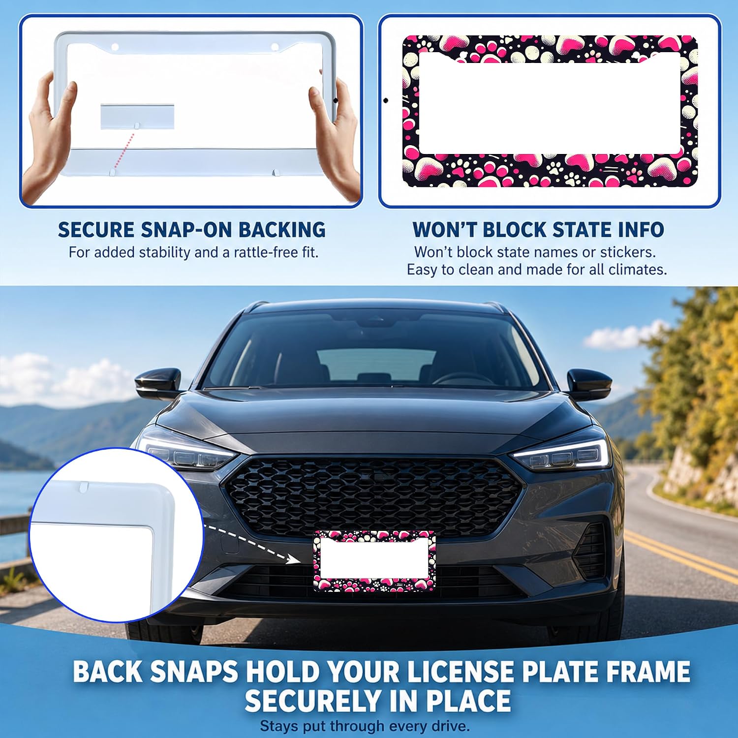 Cute Pink Dog Paw Print License Plate Frame Aluminum Pet Car Tag Cover 1Pcs image 5