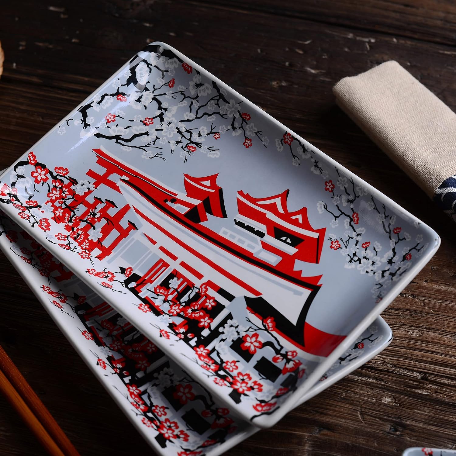 Japanese Porcelain Sushi Plate Set with 2XSushi Plates,Dip Dishes,Stick Stand, Chopsticks Gift Box