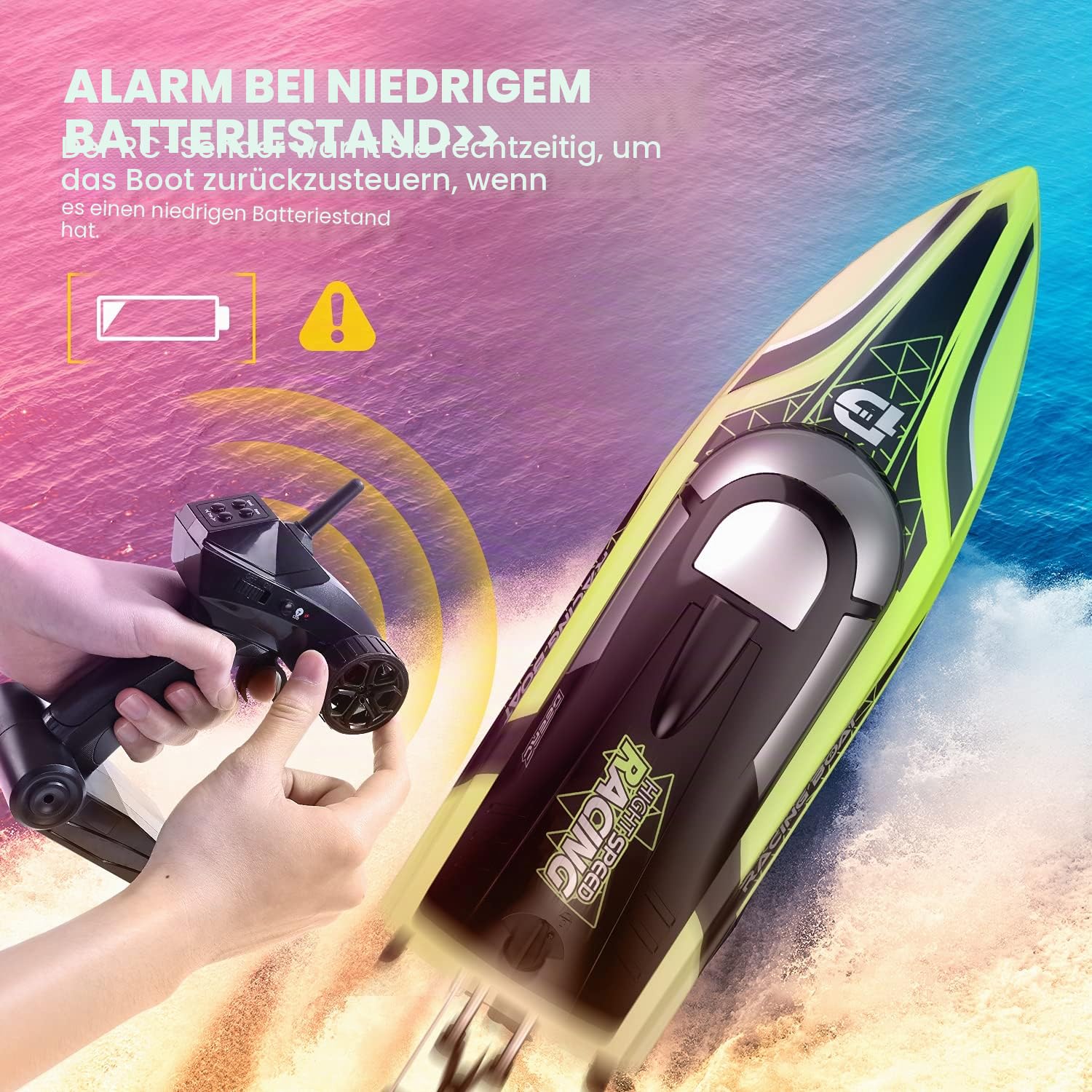 DEERC RC Boot mit LED-Licht, ferngesteuertes, für Pools und Seen, 20+ km/h, 2,4-GHz-Rennboote mit 2 Batterien, Poolspielzeug für Kinder, ferngesteuertes Wasserfahrzeug (Grün)