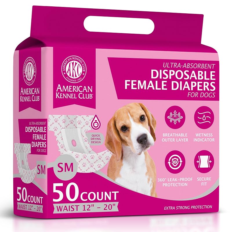 Fraldas Descartáveis para Cadelas American Kennel Club com Indicador de Umidade, Tamanho Pequeno, Cintura de 30,48 a 50,8 cm, Pacote com 50