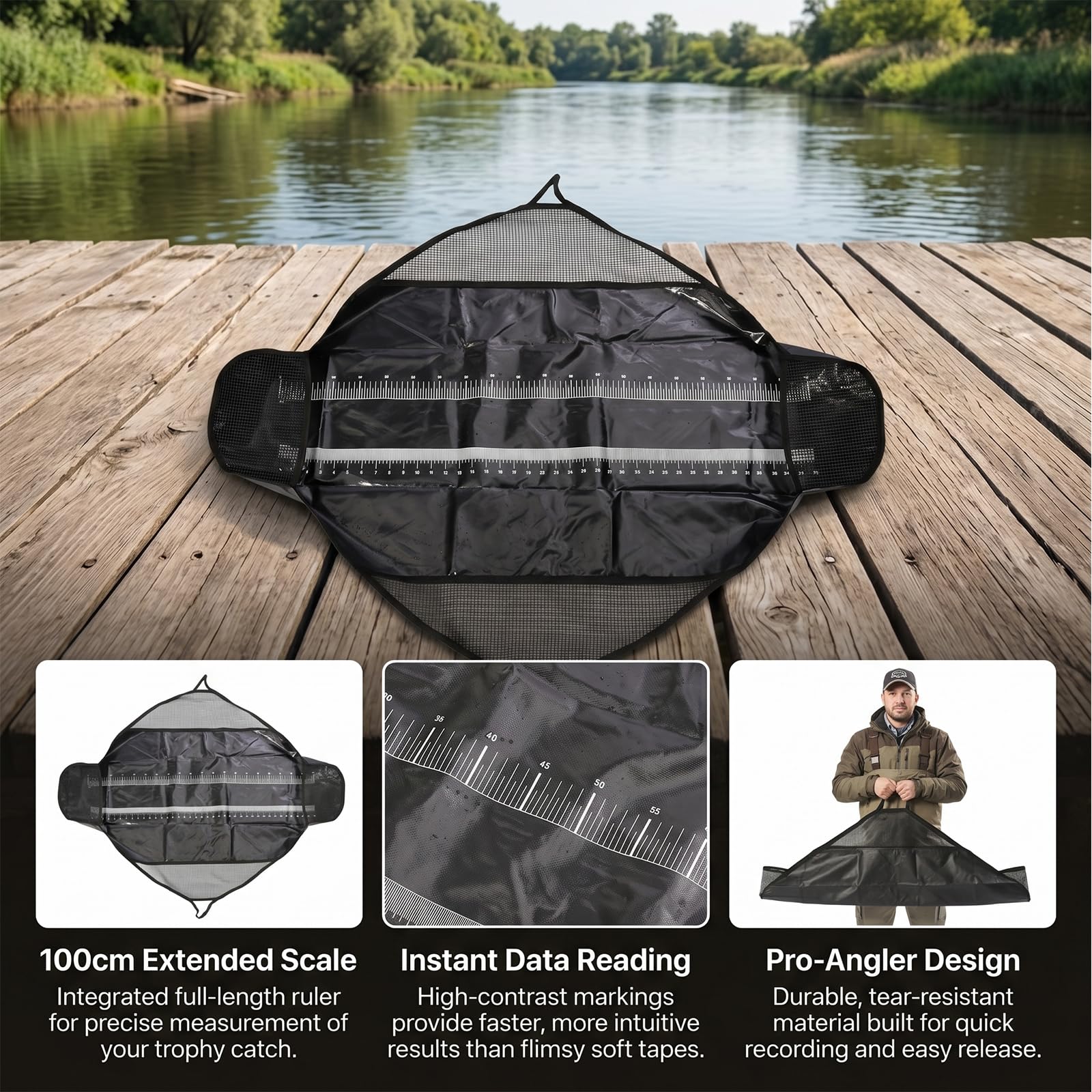Tappetino da pesca pieghevole 125 x 55 cm, con metro a nastro, 0 – 100 cm, impermeabile, per pesci, pesare e trasporto, per pesci predatori, carpe, pesce gatto e pesce persico, con maniglie, portata