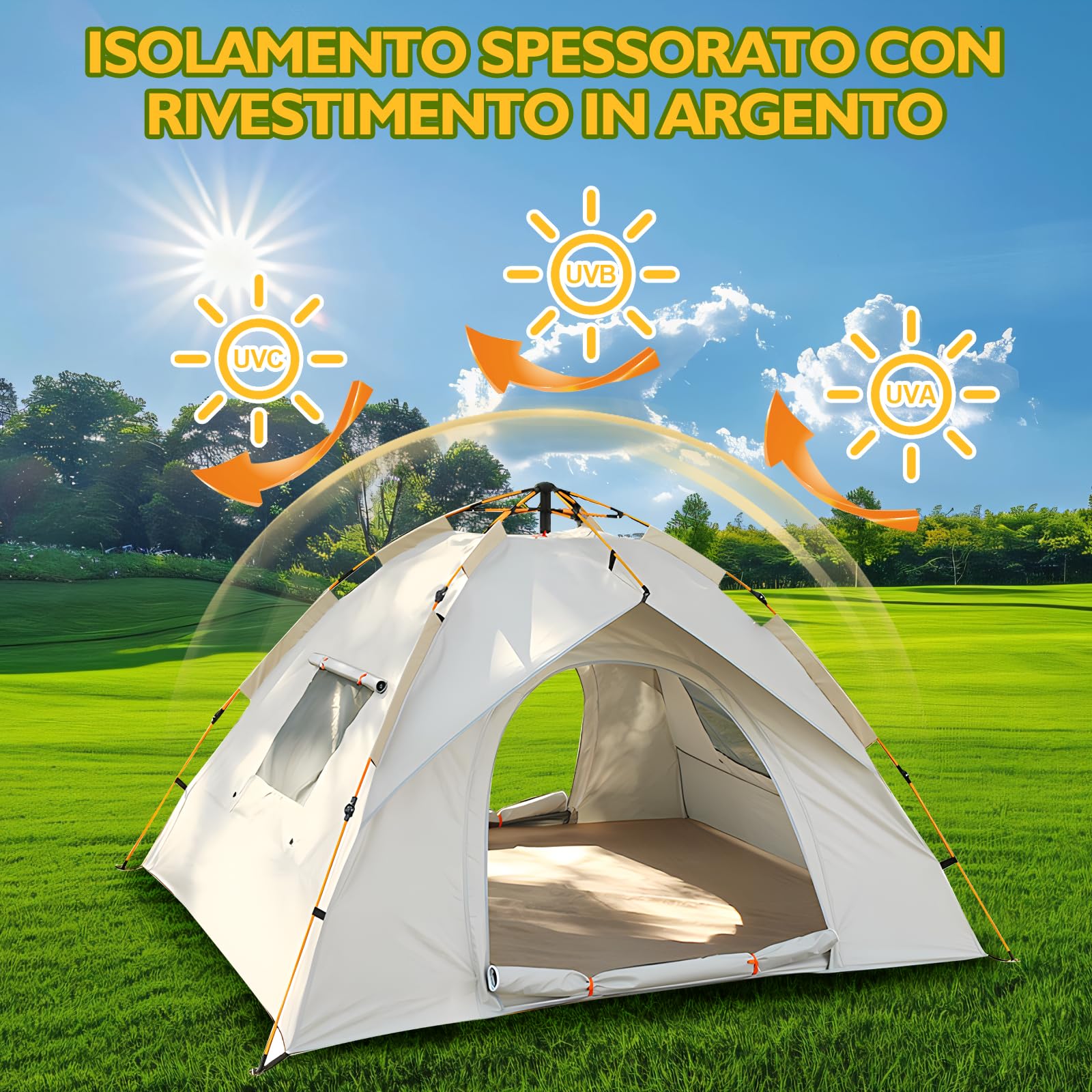 Tenda Campeggio 2-4 Posti Con Cuscinetto Antiumidità,Tenda da Campeggio,Tenda Pop Up,Ultraleggero, Protetto Dai Raggi UV, Impermeabile, Isolante, per lo Zaino in Spalla, Escursionismo e Altro Ancora