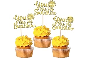 24 PCS You are My Sunshine Cupcake Toppers with Gold Glitter Sun Smile Face
