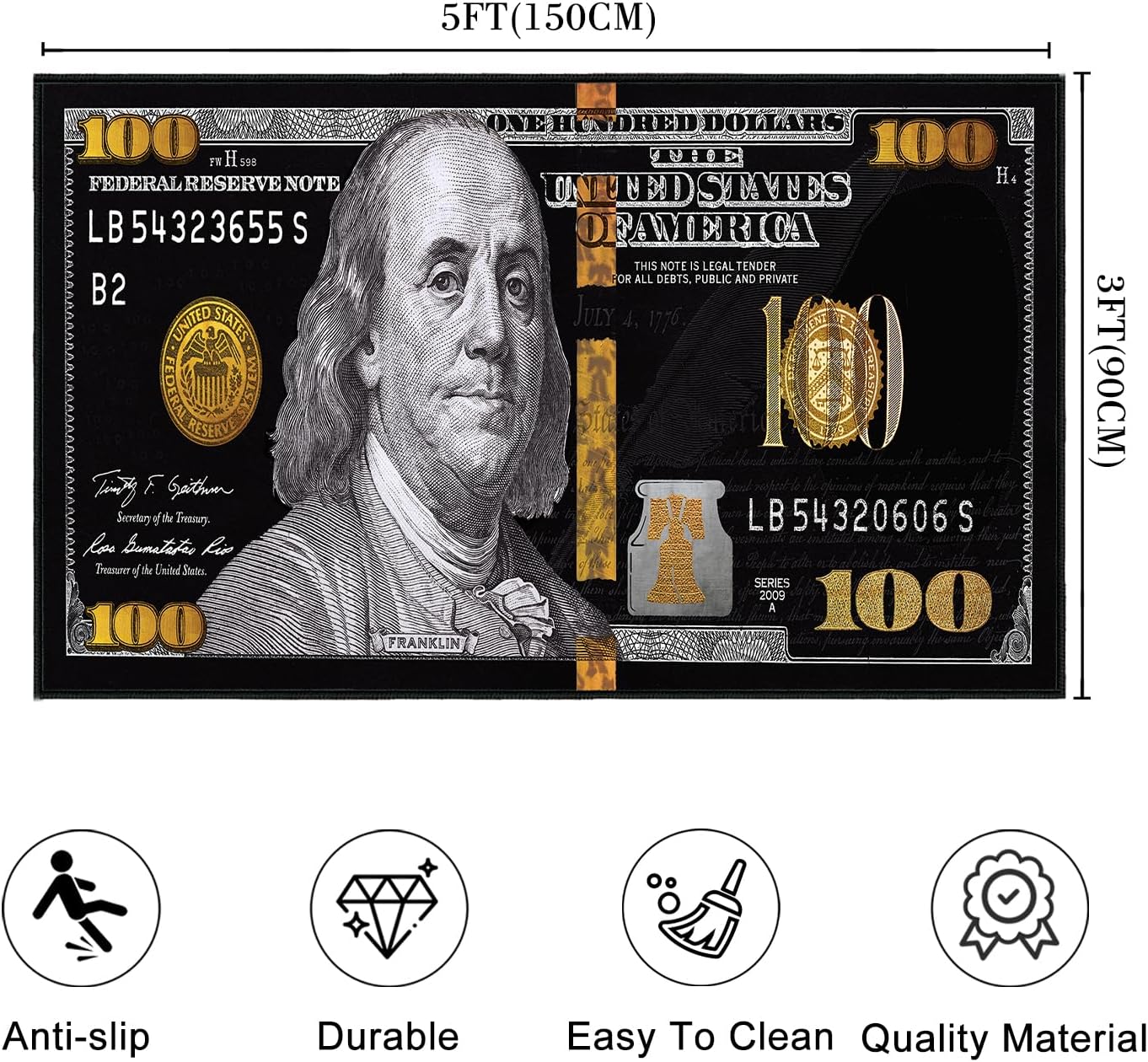 Money Rugs for Bedroom,100 Dollar Bill Area Rug 3x5,Hundred Dollar Bills Accent Throw Rugs Washable Non Slip Area Carpet Money Decor Small Floor Carpets Mat for Entryway,Living Room,Laundry,Black