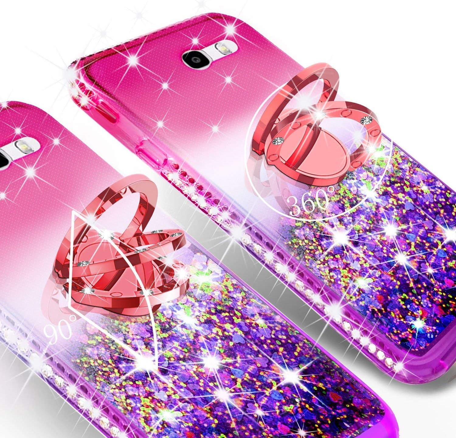 Galaxy J3 Mission/J3 Luna Pro/J3 Prime/J3 Eclipse/J3 Emerge/Express Prime 2/Amp Prime 2/Sol 2 Liquid Glitter Ring Bling Phone Case Kickstand Compatible for Samsung Galaxy J3 2017 (Hot Pink/Purple)