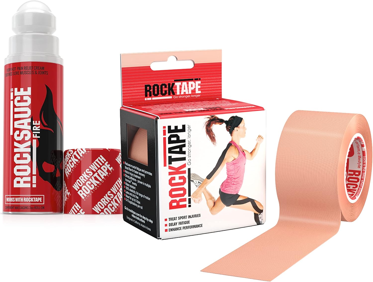 RockTape Original 2-Inch Kinesiology Tape (Beige) + RockSauce Fire, Pain Relief Cream