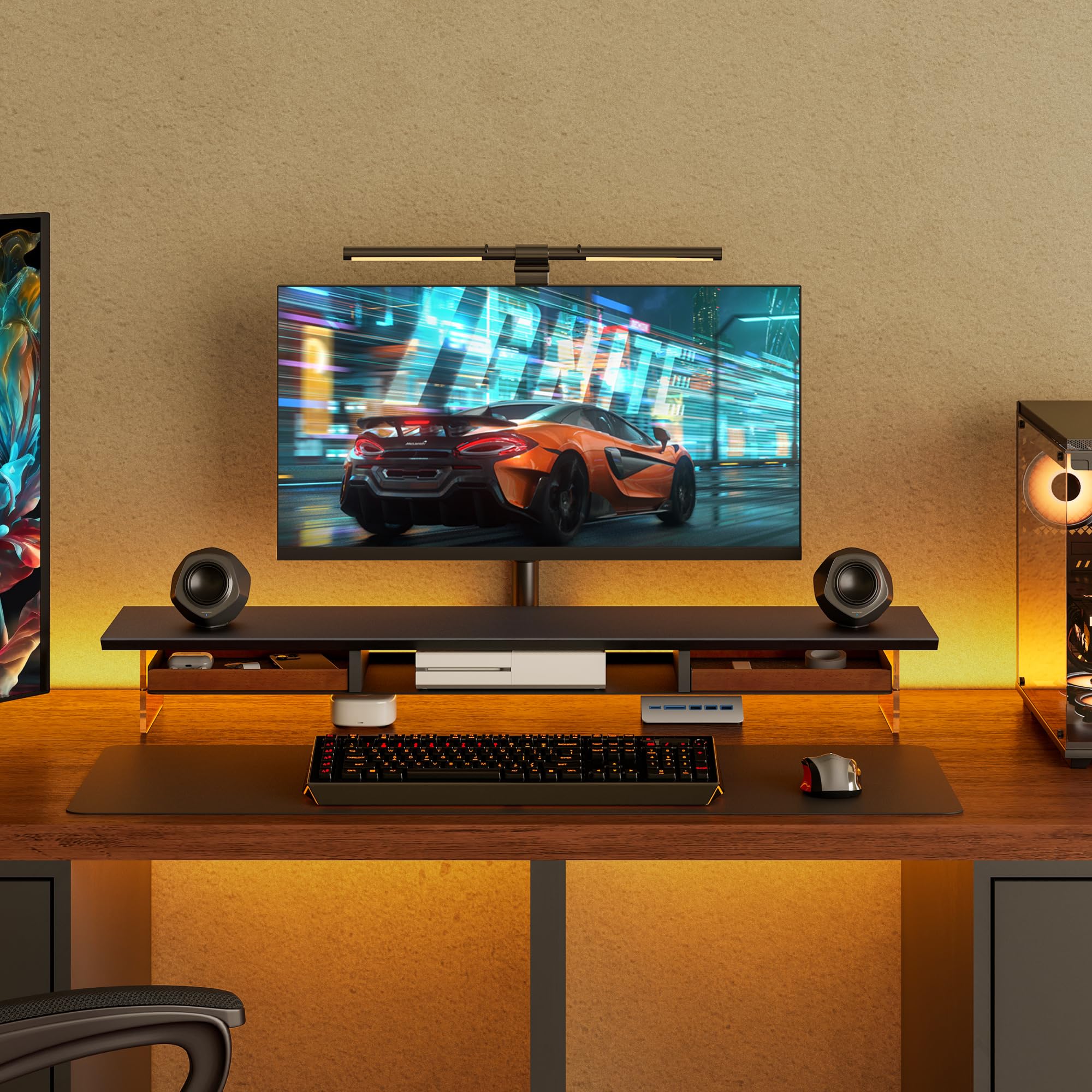 Fenge Supporto Monitor Scrivania Acrilico, 108 x 23 x 12,9 cm, Rialzo 2 Monitor 27 Pollici e 35kg, con Cassetti in Legno Massello, Organizer, Porta PC per Computer, Laptop, Stampante TV (Nero)