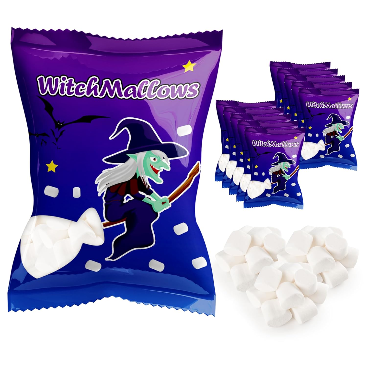 4E's Novelty 24 Pack Halloween Mini Marshmallows Indvidually Wrapped Vanilla Flavor - Halloweens Candy for Kids in Bulk, Snacks for Trick or Treat, 17 Marshmallows in Each Bag (Witchmallows)