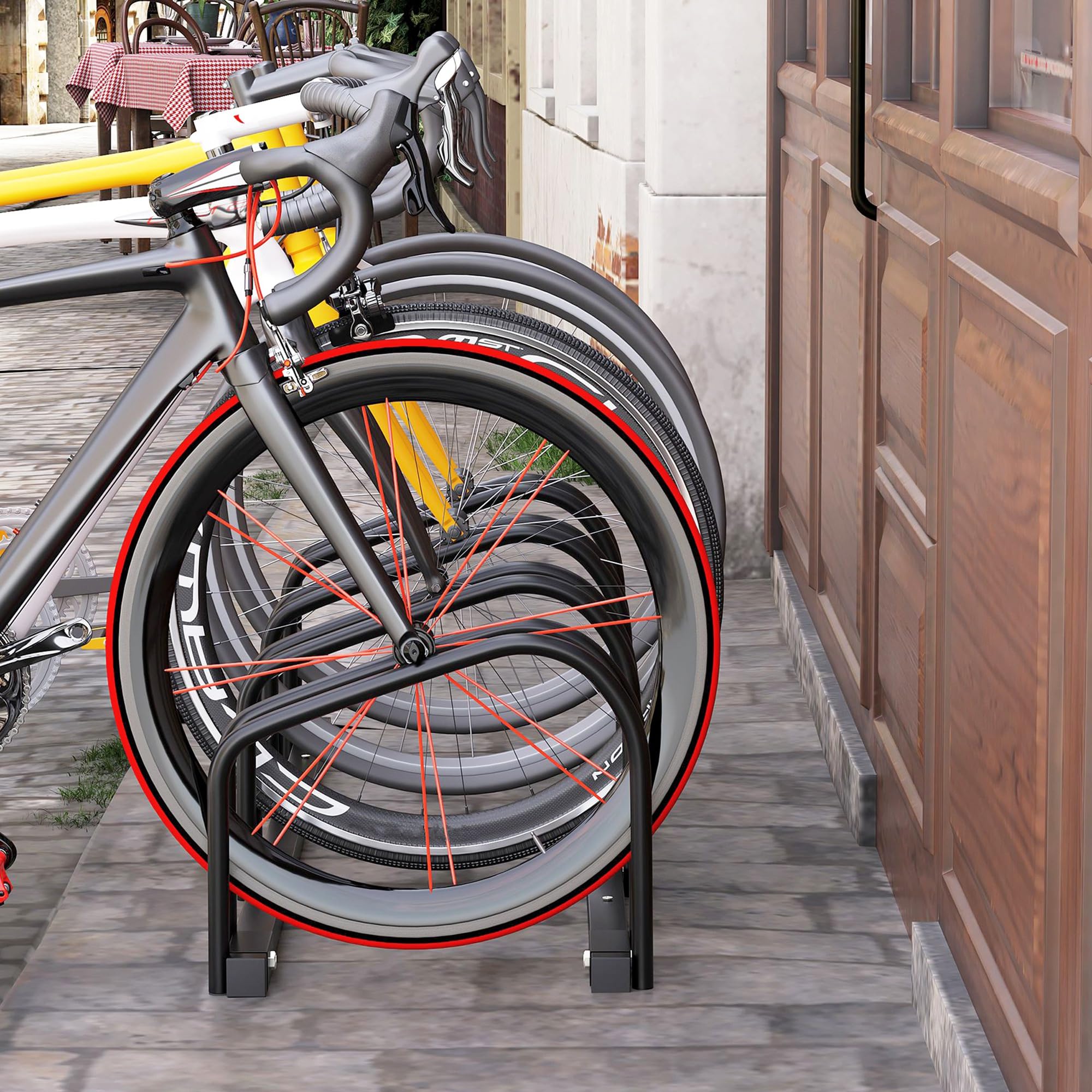 HOMCOM Rastrelliera Biciclette da Pavimento o Parete, Portabici da Terra per 4 Biciclette in Acciaio, Ruote Fino 65 mm, 110x33x27 cm, Nero