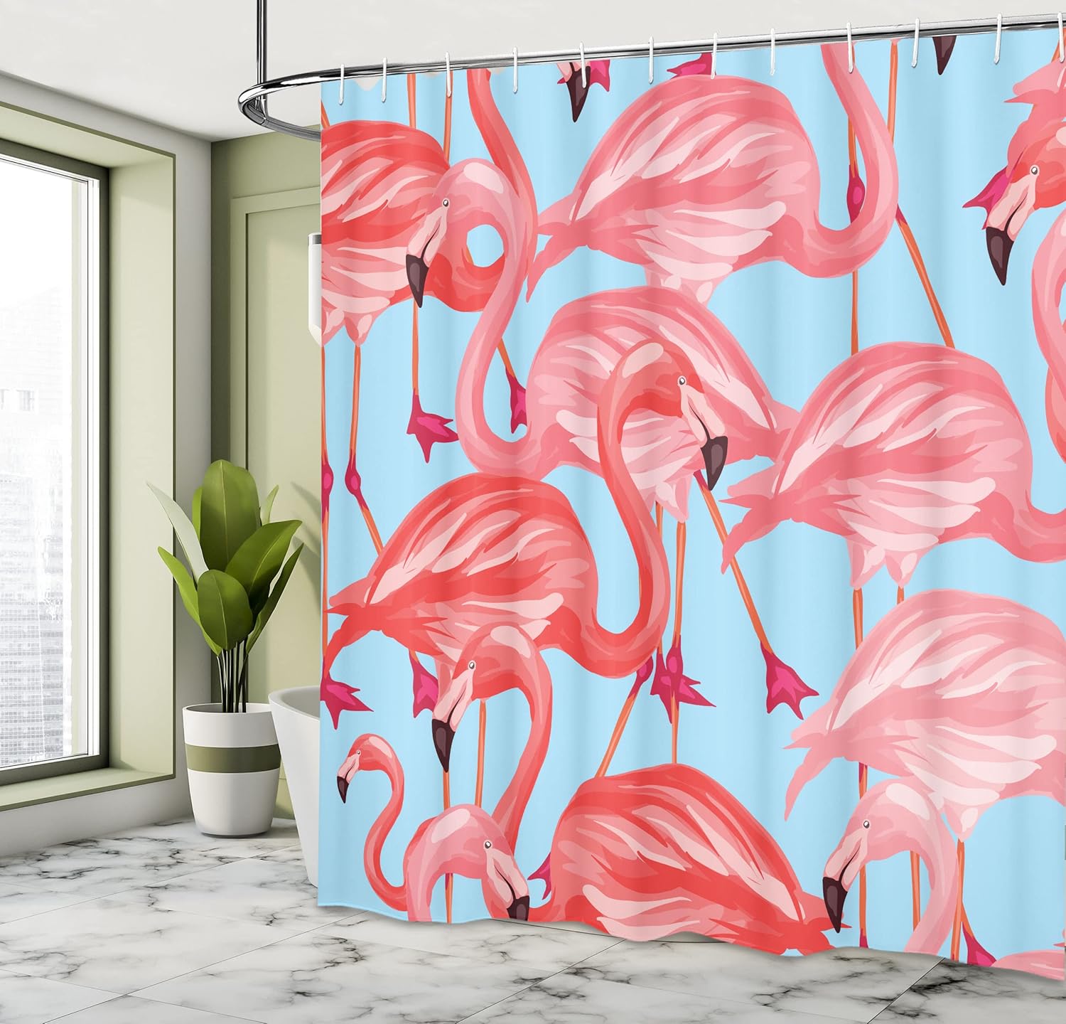 Ambesonne Flamingo Shower Curtain, Tropical Birds Pattern Flamingos Colorful Exotic Animal Nature Artwork, Cloth Fabric Bathroom Decor Set with Hooks, 69" W x 70" L, Blue Coral
