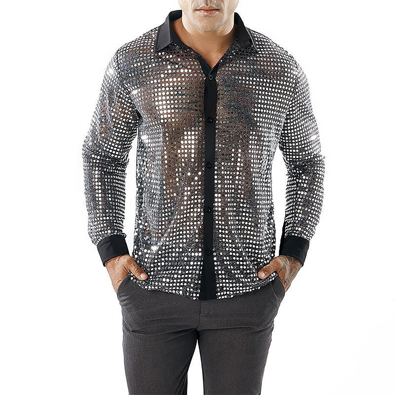 RUIXIA Chemise Disco Homme Chemise Paillettes Brillant Manches Longues Costume de Disco Style Rétro Années 70 80 Tenu Boutonné Semi-Transparent de Danse Bal Carnaval Fête Performance