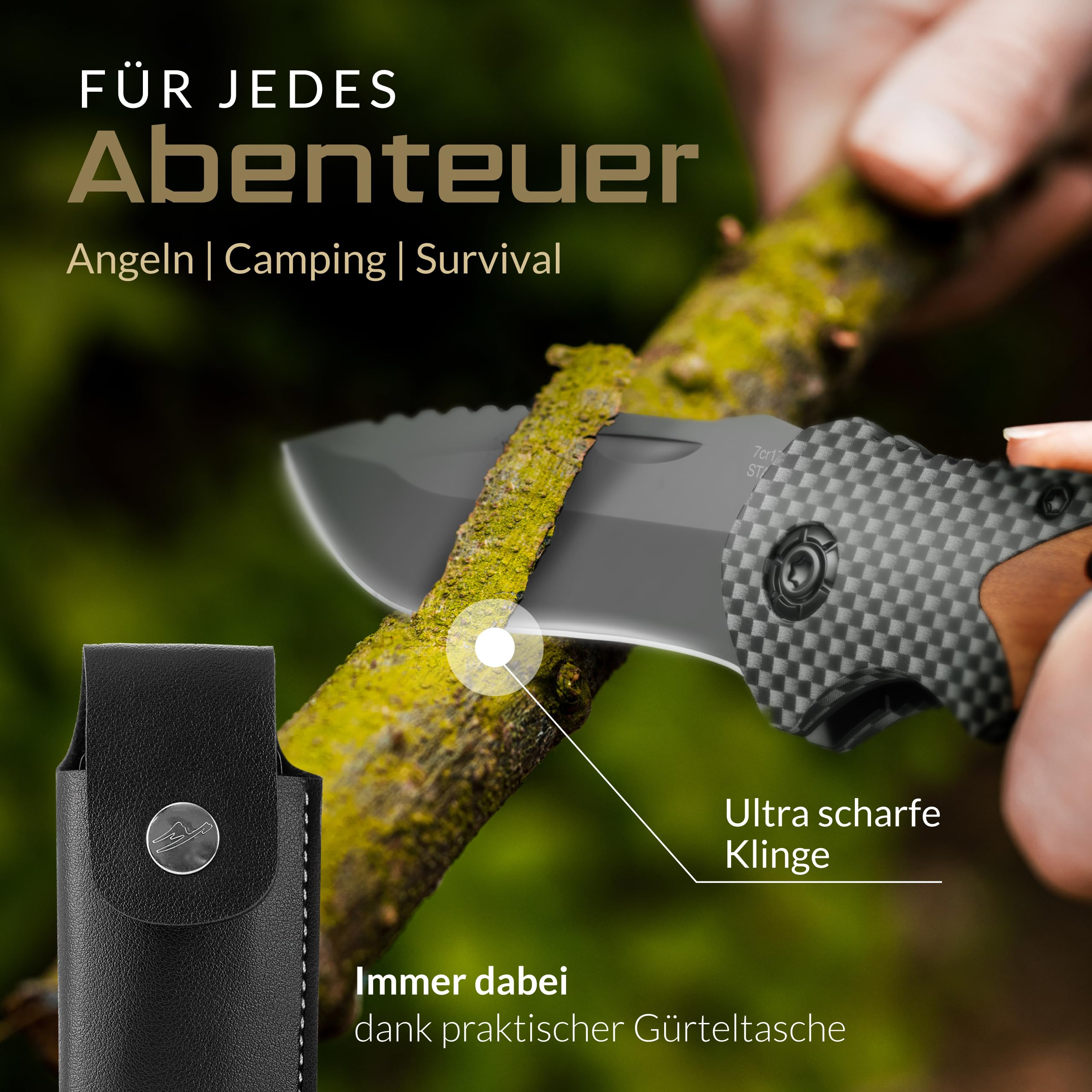 BERGKVIST® K20 Klappmesser für Outdoor & Survival [3-in-1 Zweihandmesser] | scharfes Taschenmesser, Mitführen in Deutschland erlaubt, mit Holzgriff, Glasbrecher, Gurtschneider, Feuerstahl & Tasche
