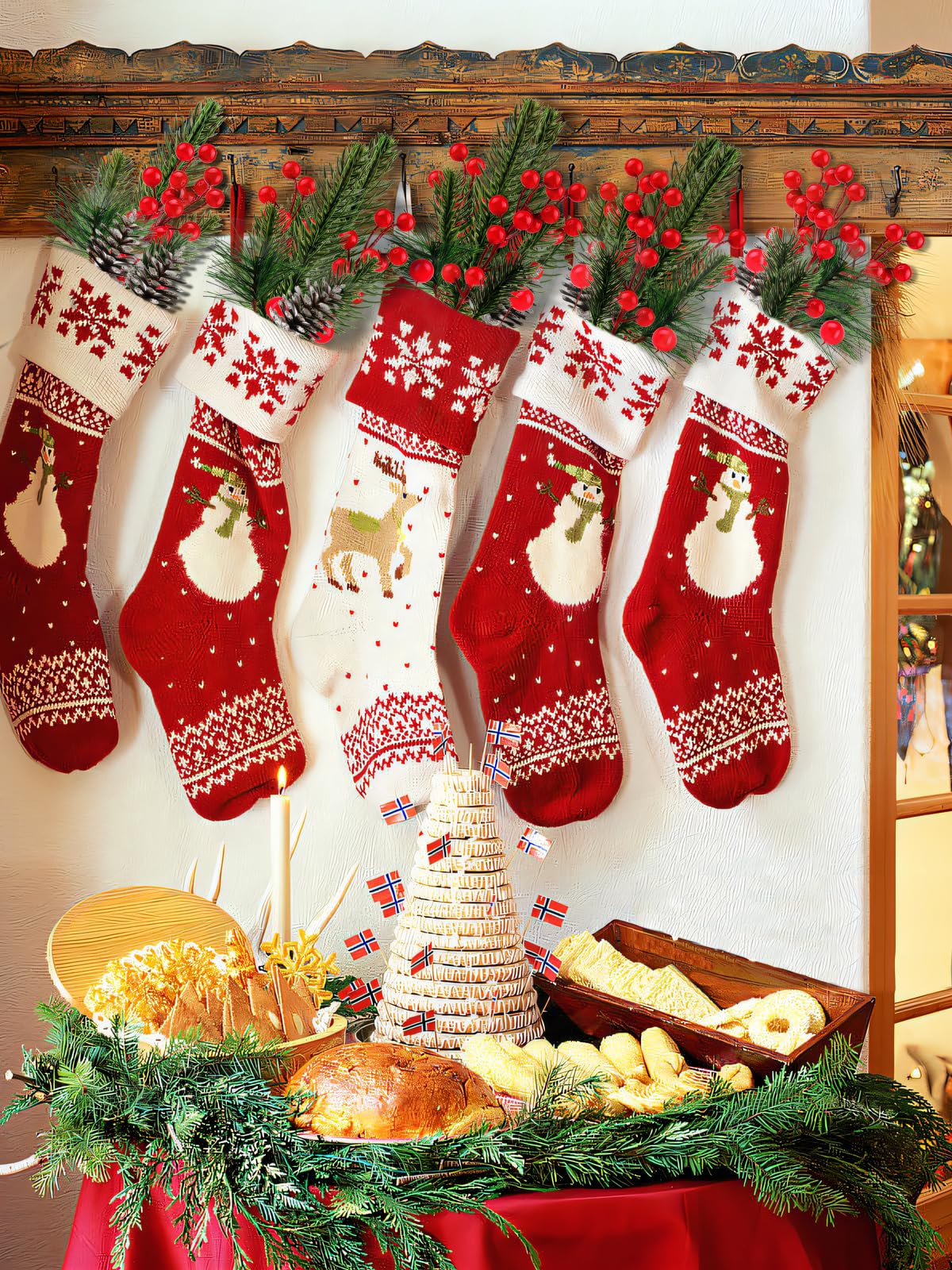 Kalolary Künstliche Tannenzapfen Zweig-Set, 150 Stück, sortierte künstliche Tannennadeln, Zweige, schneebedeckter Weihnachtsbaum, florale Zweige, Weihnachtszweige, rote Stechpalmenbeeren, Stiele für