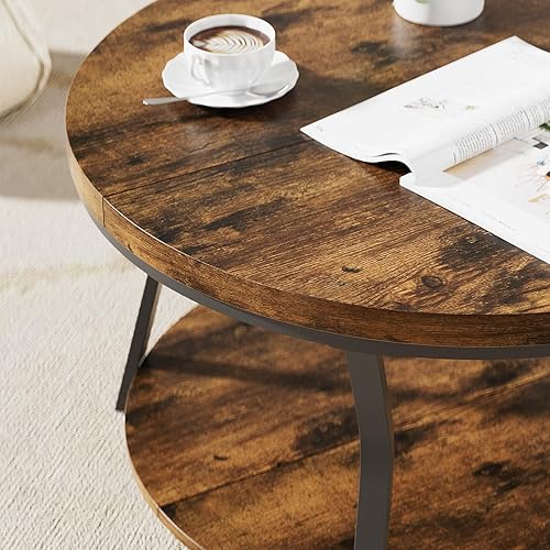 Miniatura 4 de Mesas de centro redondas para sala de estar, mesa de centro circular de madera, mesa central industrial moderna de 2 niveles con mesa gruesa y marco