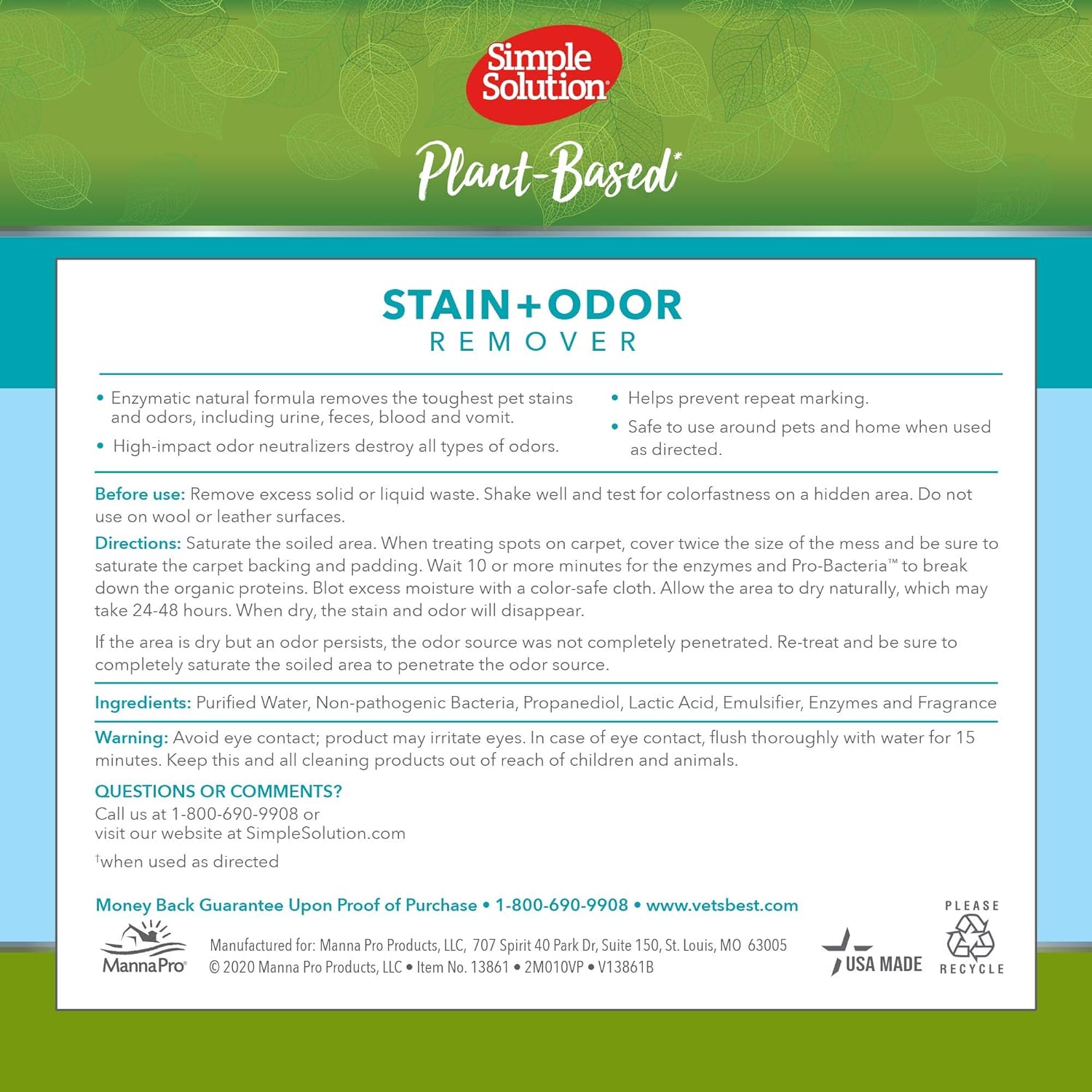 Simple Solution Plant-Based Stain and Odor Remover | All Natural Enzymatic and Pro-Bacteria Formula Made with Natural and Quality Plant-Based Ingredients | 32 oz : Pet Supplies